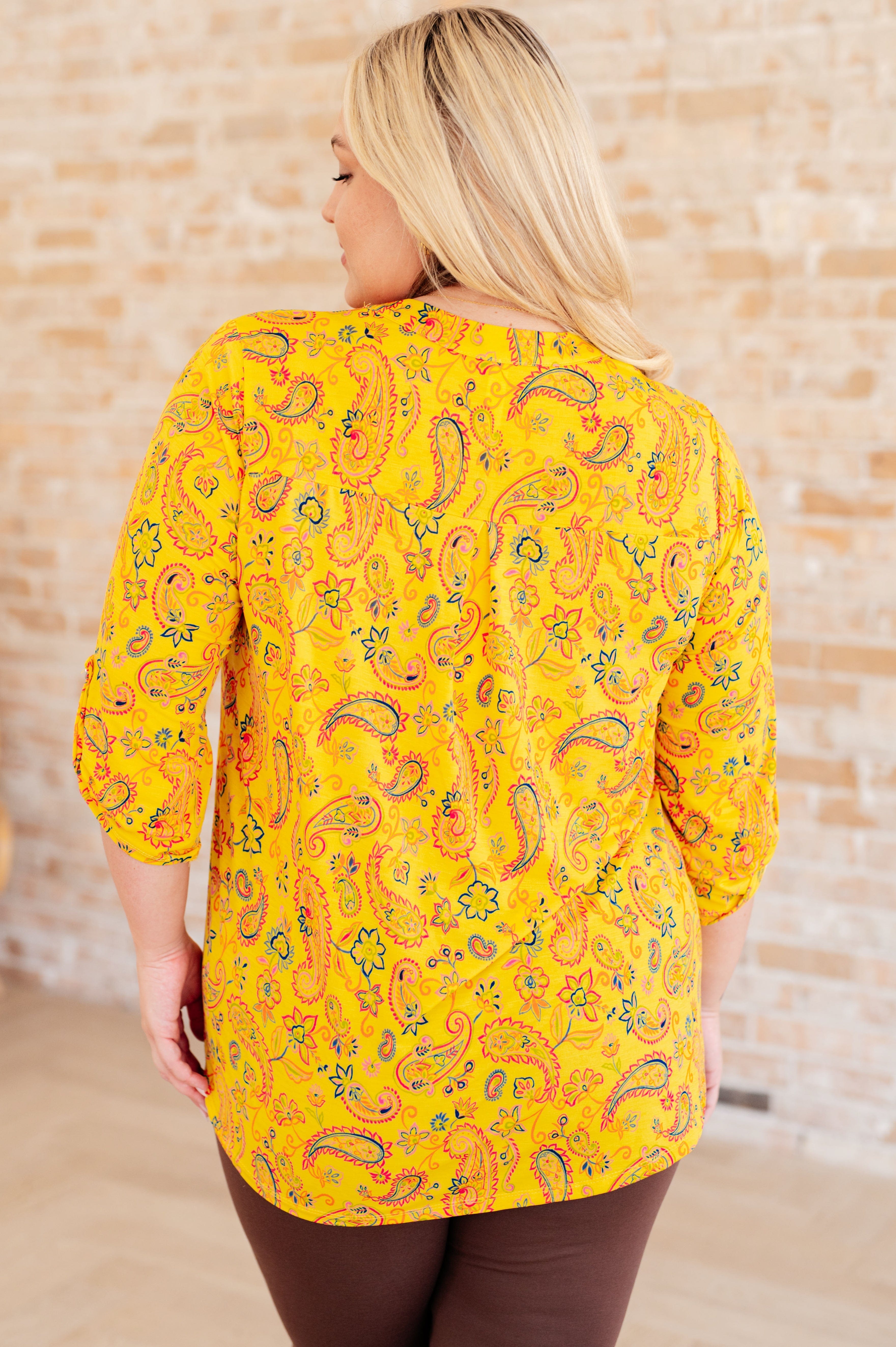 Lizzy Top in Yellow and Navy Paisley-Tops-Stay Foxy Boutique, Florissant, Missouri