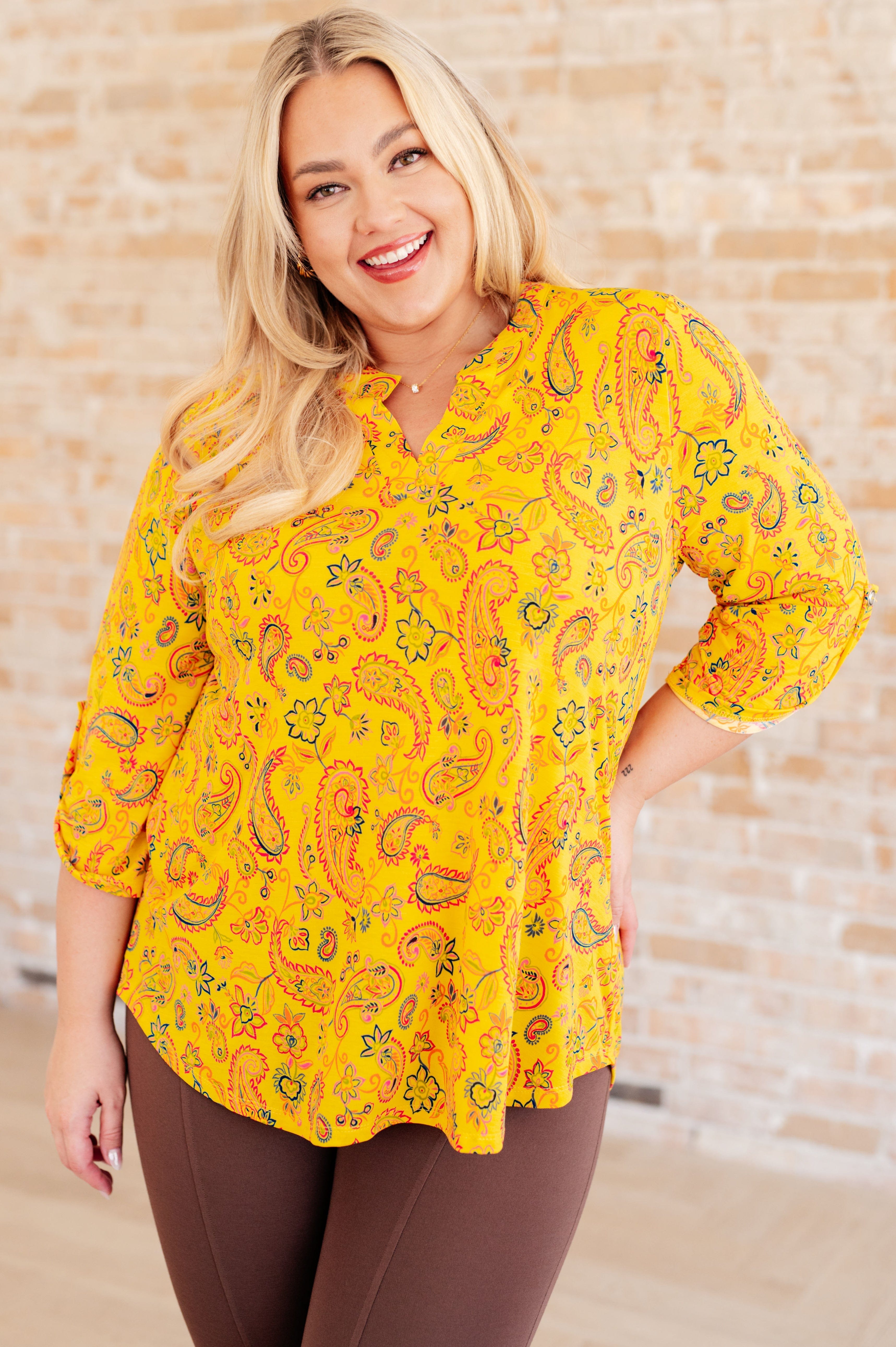 Lizzy Top in Yellow and Navy Paisley-Tops-Stay Foxy Boutique, Florissant, Missouri