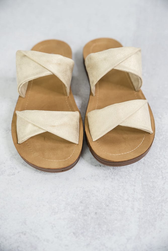 With a Twist Sandals in Gold-Corkys-Stay Foxy Boutique, Florissant, Missouri