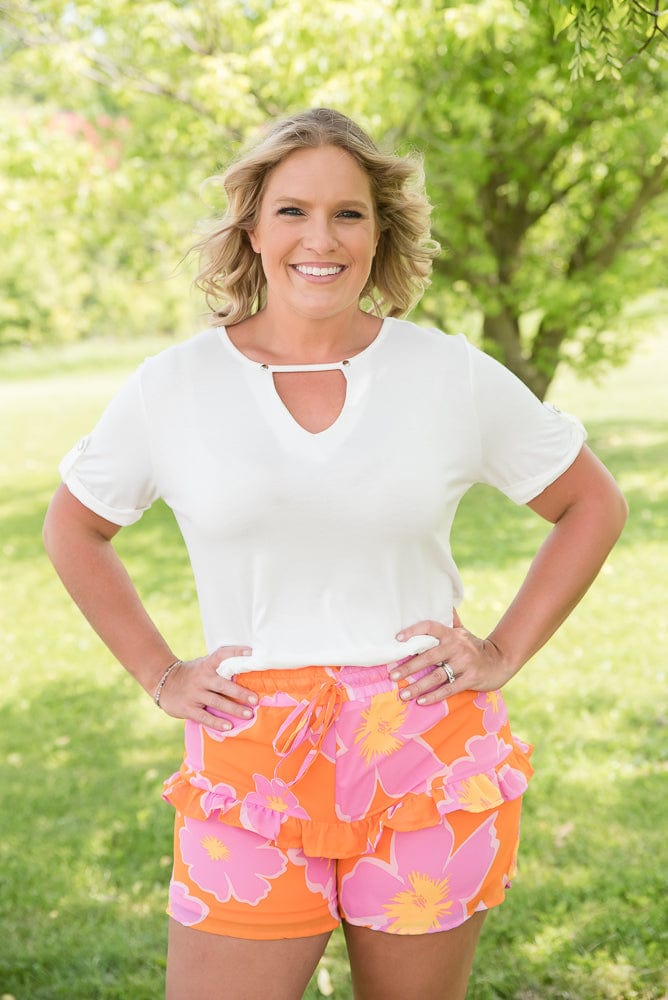 Tangerine Floral Shorts-White Birch-Stay Foxy Boutique, Florissant, Missouri