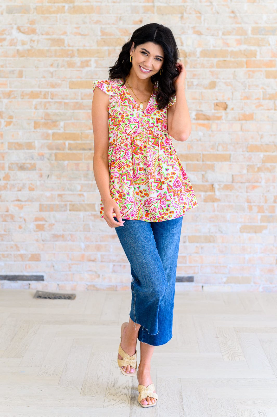 Lucy Eyelets Top in Ivory Multi-Tops-Stay Foxy Boutique, Florissant, Missouri