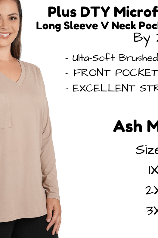 PLUS DTY Microfiber Long Sleeve V Neck Pocket Top - Ash Mocha-Long Sleeve Top-Stay Foxy Boutique, Florissant, Missouri