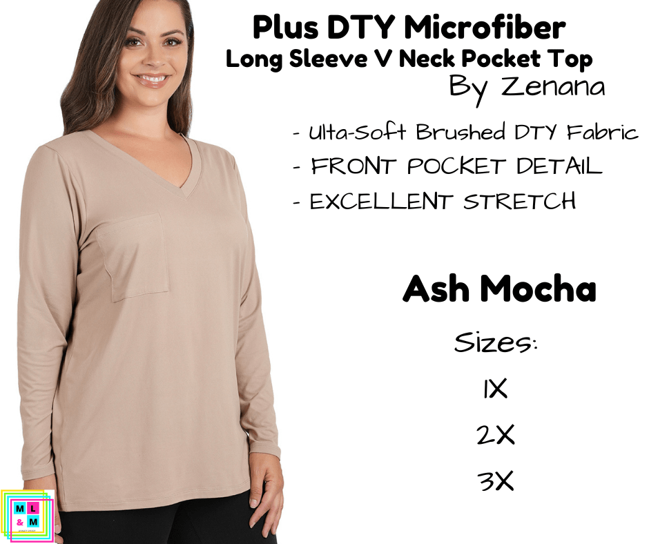 PLUS DTY Microfiber Long Sleeve V Neck Pocket Top - Ash Mocha-Long Sleeve Top-Stay Foxy Boutique, Florissant, Missouri