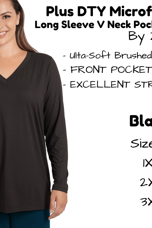PLUS DTY Microfiber Long Sleeve V Neck Pocket Top - Black-Long Sleeve Top-Stay Foxy Boutique, Florissant, Missouri