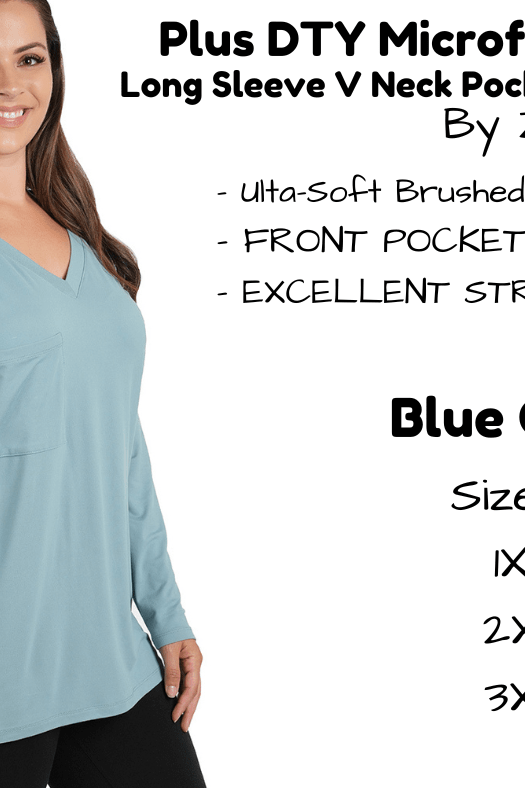 PLUS DTY Microfiber Long Sleeve V Neck Pocket Top - Blue Grey-Long Sleeve Top-Stay Foxy Boutique, Florissant, Missouri