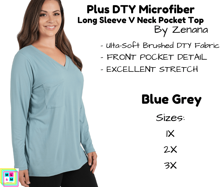 PLUS DTY Microfiber Long Sleeve V Neck Pocket Top - Blue Grey-Long Sleeve Top-Stay Foxy Boutique, Florissant, Missouri