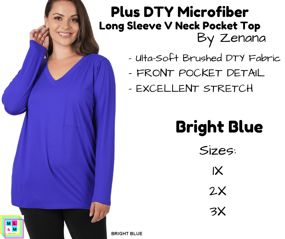 PLUS DTY Microfiber Long Sleeve V Neck Pocket Top - Bright Blue-Long Sleeve Top-Stay Foxy Boutique, Florissant, Missouri