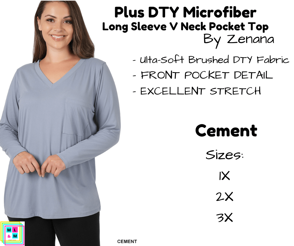 PLUS DTY Microfiber Long Sleeve V Neck Pocket Top - Cement-Long Sleeve Top-Stay Foxy Boutique, Florissant, Missouri
