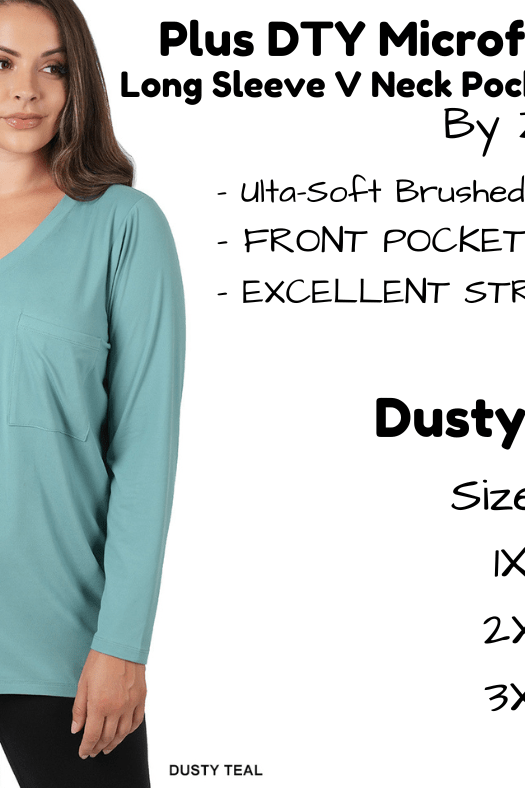 PLUS DTY Microfiber Long Sleeve V Neck Pocket Top - Dusty Teal-Long Sleeve Top-Stay Foxy Boutique, Florissant, Missouri