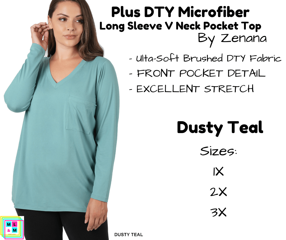 PLUS DTY Microfiber Long Sleeve V Neck Pocket Top - Dusty Teal-Long Sleeve Top-Stay Foxy Boutique, Florissant, Missouri