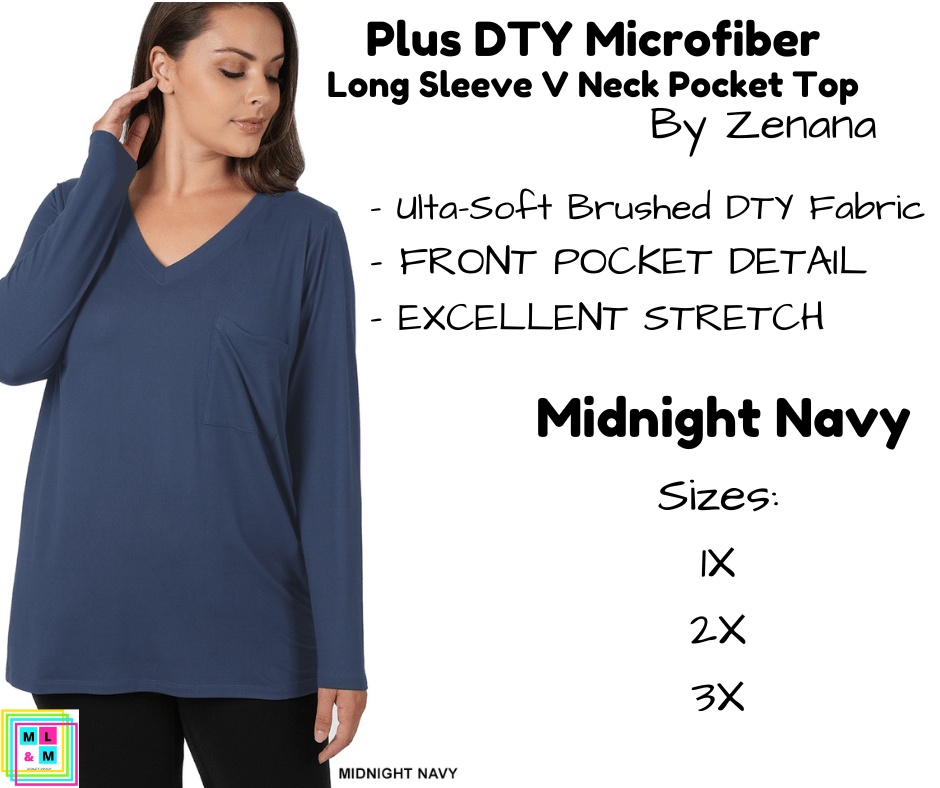 PLUS DTY Microfiber Long Sleeve V Neck Pocket Top - Midnight Navy-Long Sleeve Top-Stay Foxy Boutique, Florissant, Missouri