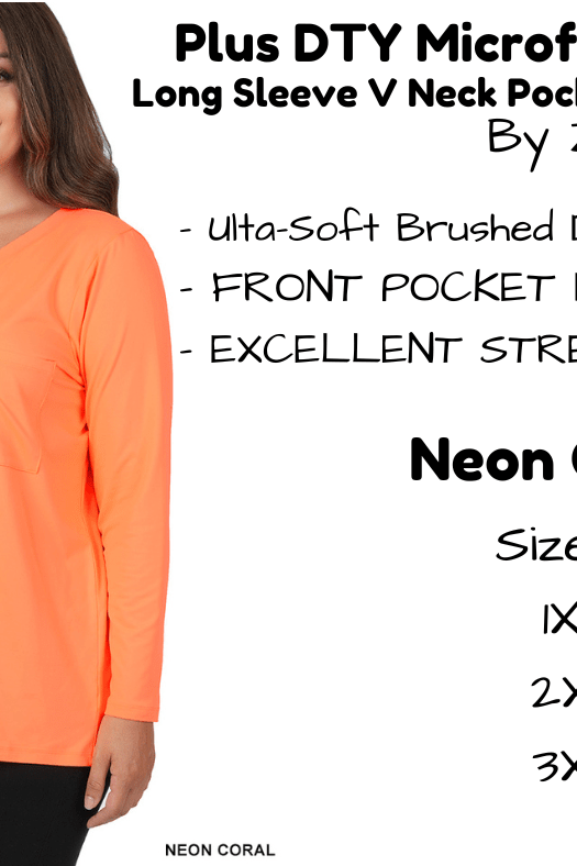 PLUS DTY Microfiber Long Sleeve V Neck Pocket Top - Neon Coral-Long Sleeve Top-Stay Foxy Boutique, Florissant, Missouri