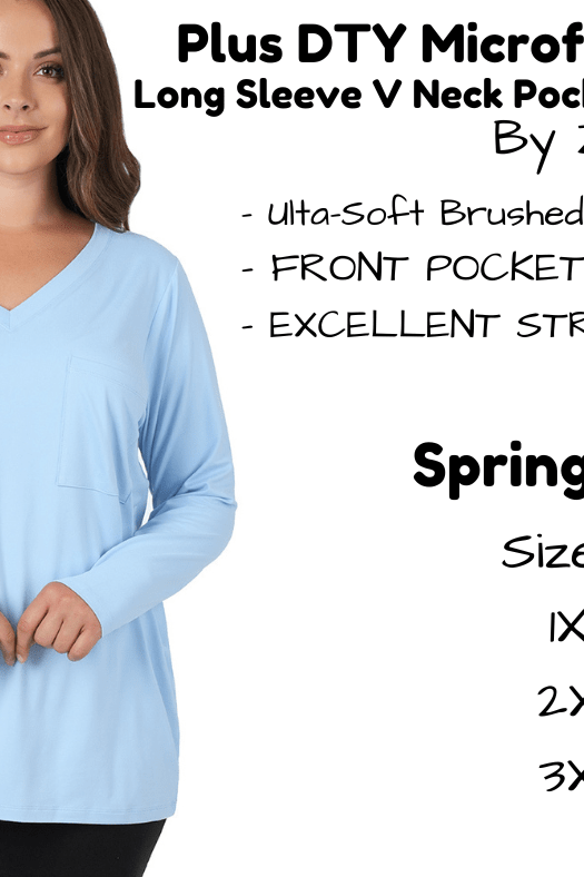 PLUS DTY Microfiber Long Sleeve V Neck Pocket Top - Spring Blue-Long Sleeve Top-Stay Foxy Boutique, Florissant, Missouri