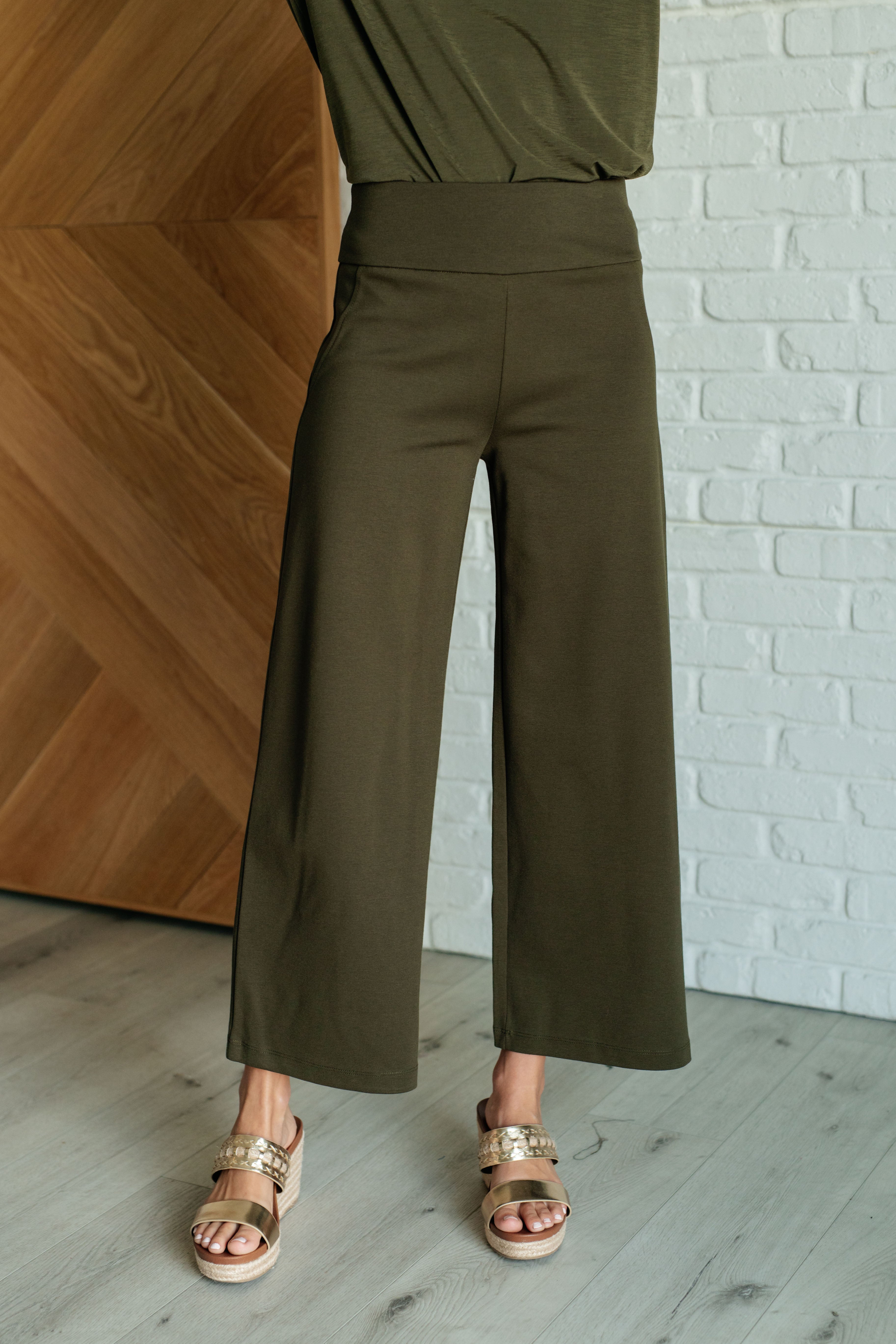 Magic Wide Leg Crop Pants in Olive-Bottoms-Stay Foxy Boutique, Florissant, Missouri