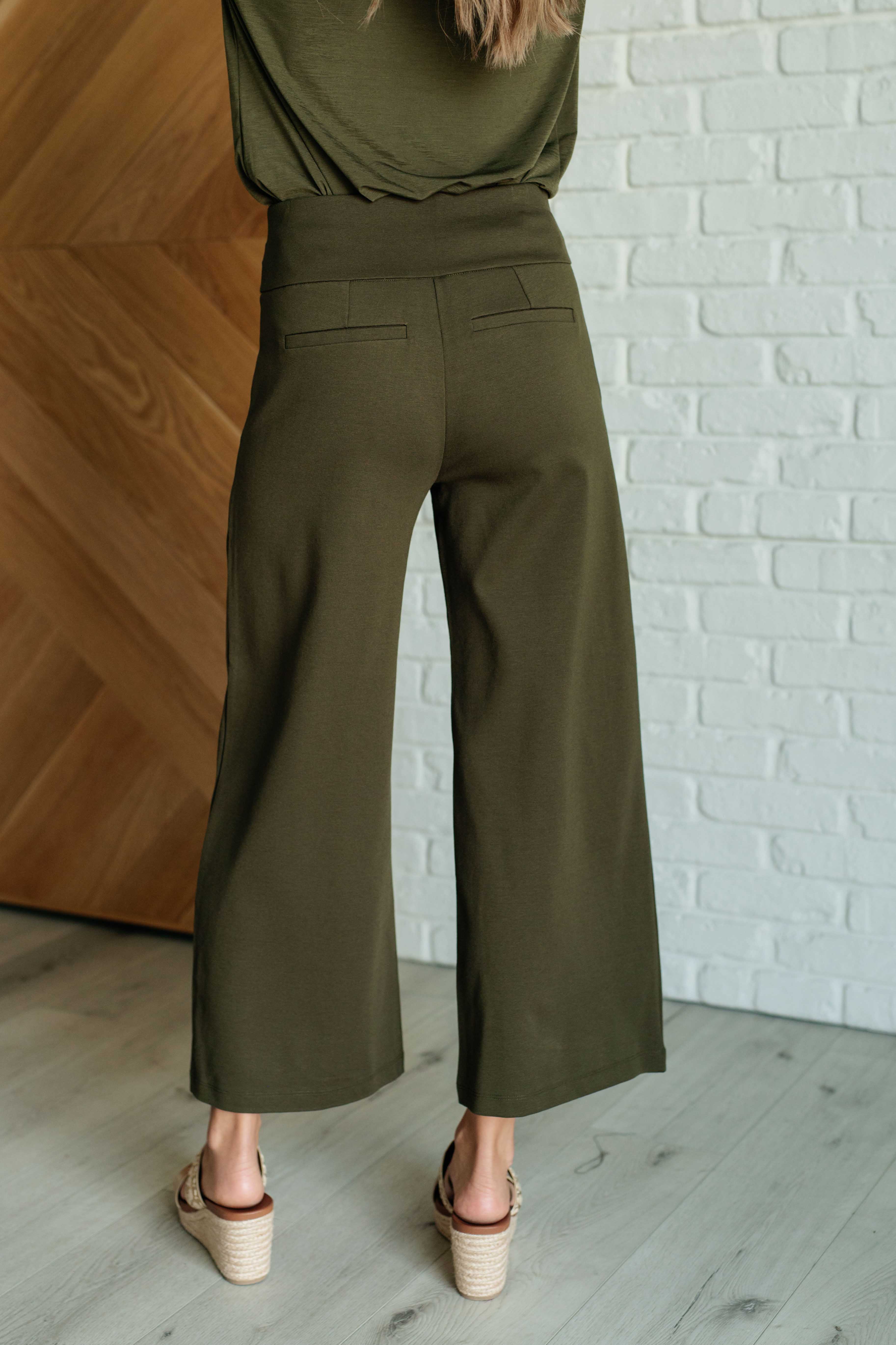 Magic Wide Leg Crop Pants in Olive-Bottoms-Stay Foxy Boutique, Florissant, Missouri
