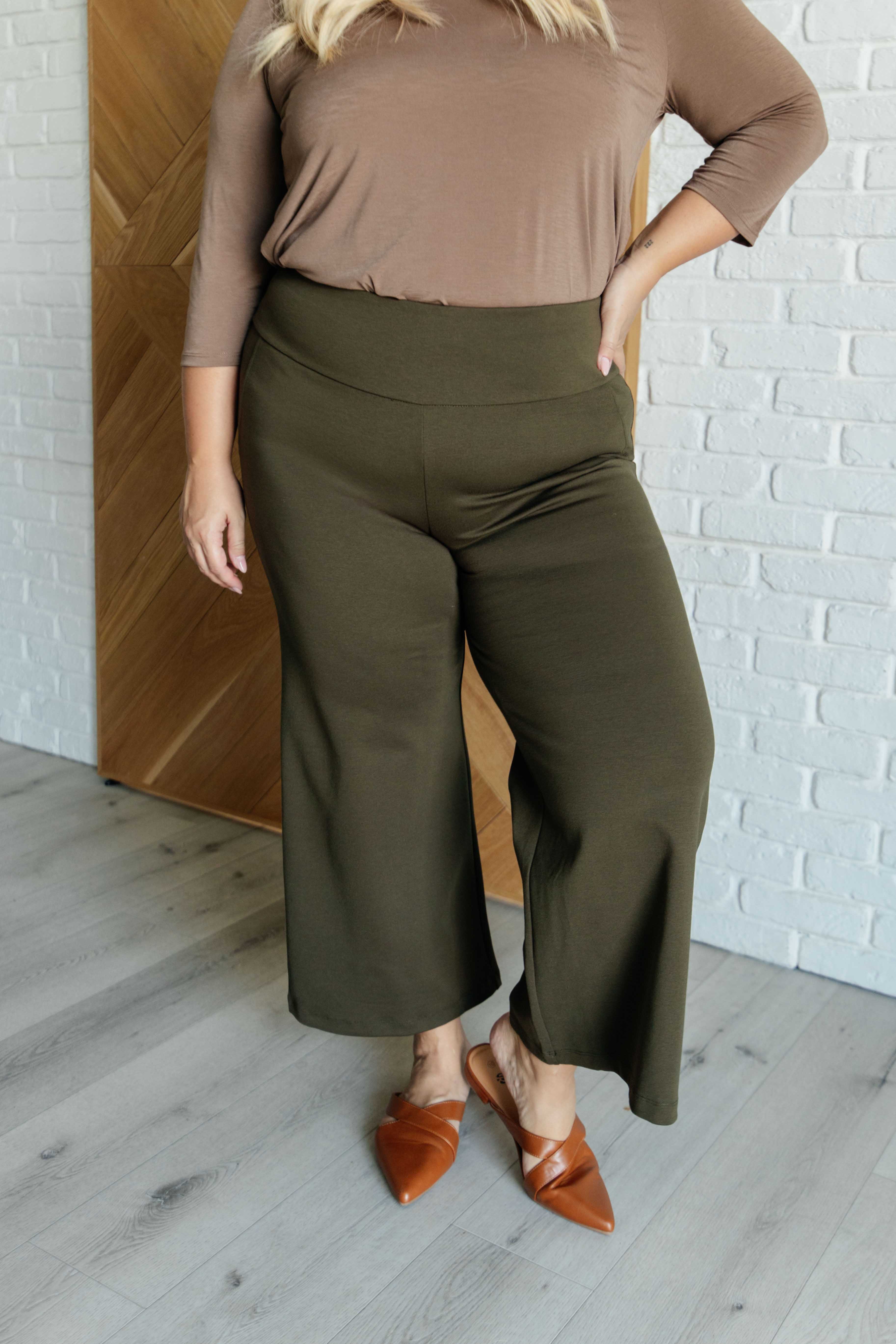 Magic Wide Leg Crop Pants in Olive-Bottoms-Stay Foxy Boutique, Florissant, Missouri