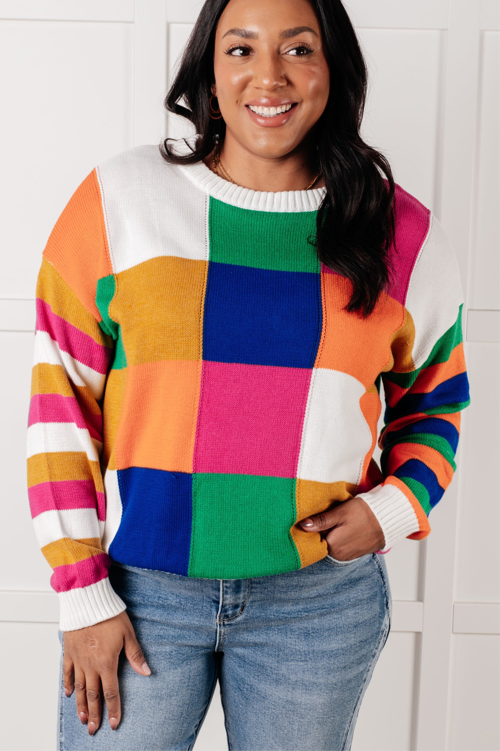 Manifesting Moment Checkered Color Block Sweater-Tops-Stay Foxy Boutique, Florissant, Missouri