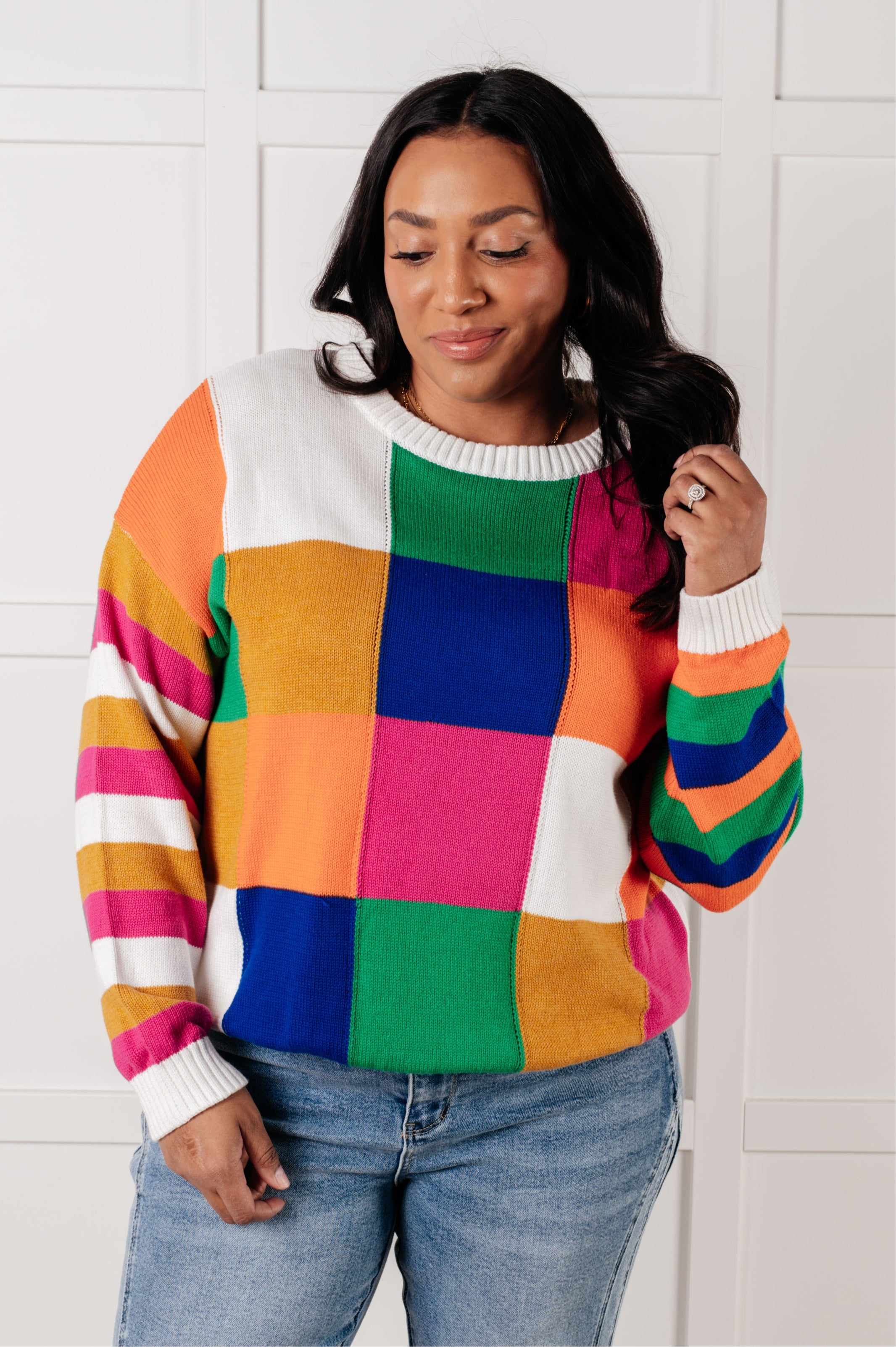 Manifesting Moment Checkered Color Block Sweater-Tops-Stay Foxy Boutique, Florissant, Missouri