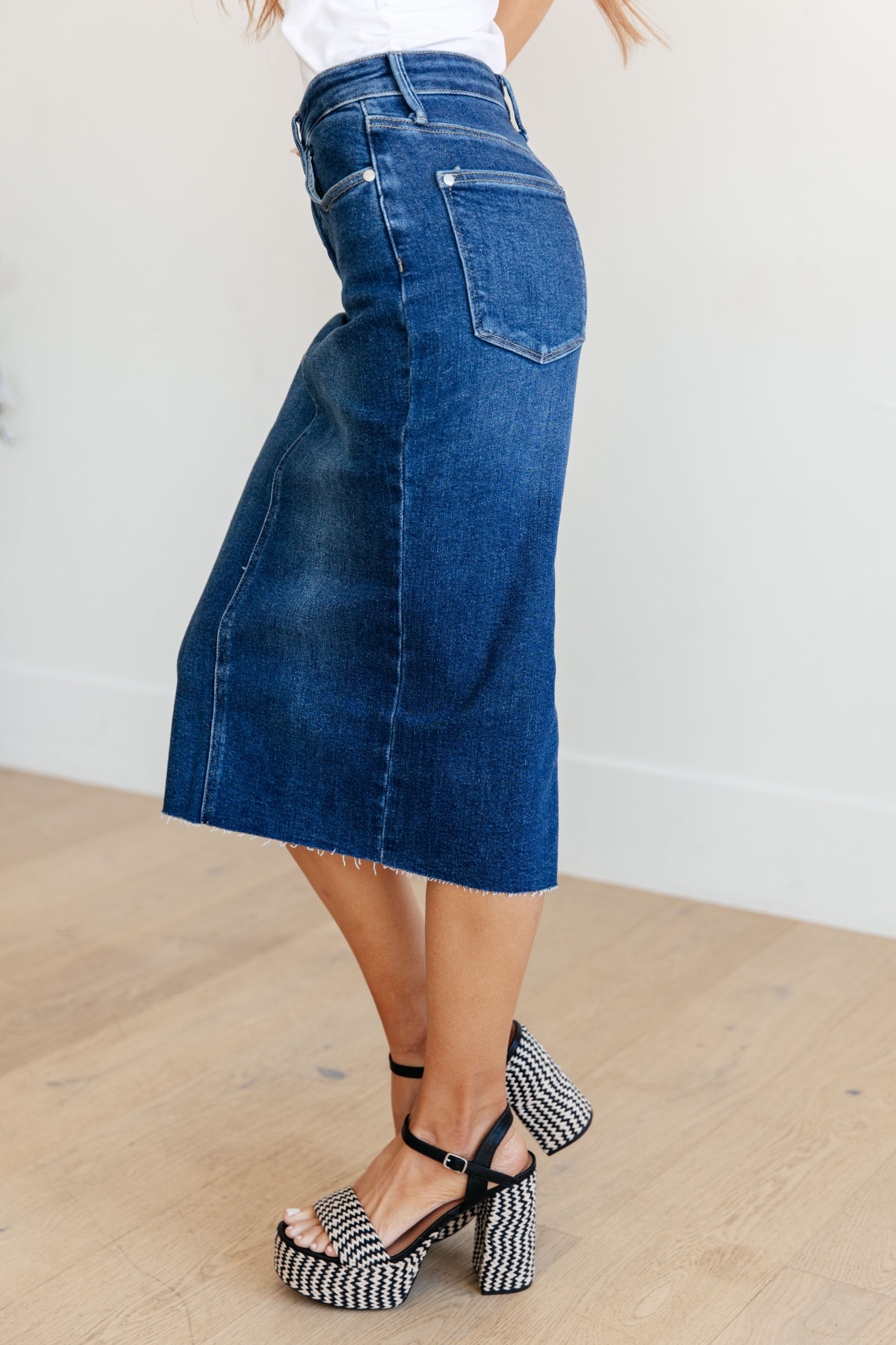 Marcy High Rise Denim Midi Skirt-Womens-Stay Foxy Boutique, Florissant, Missouri