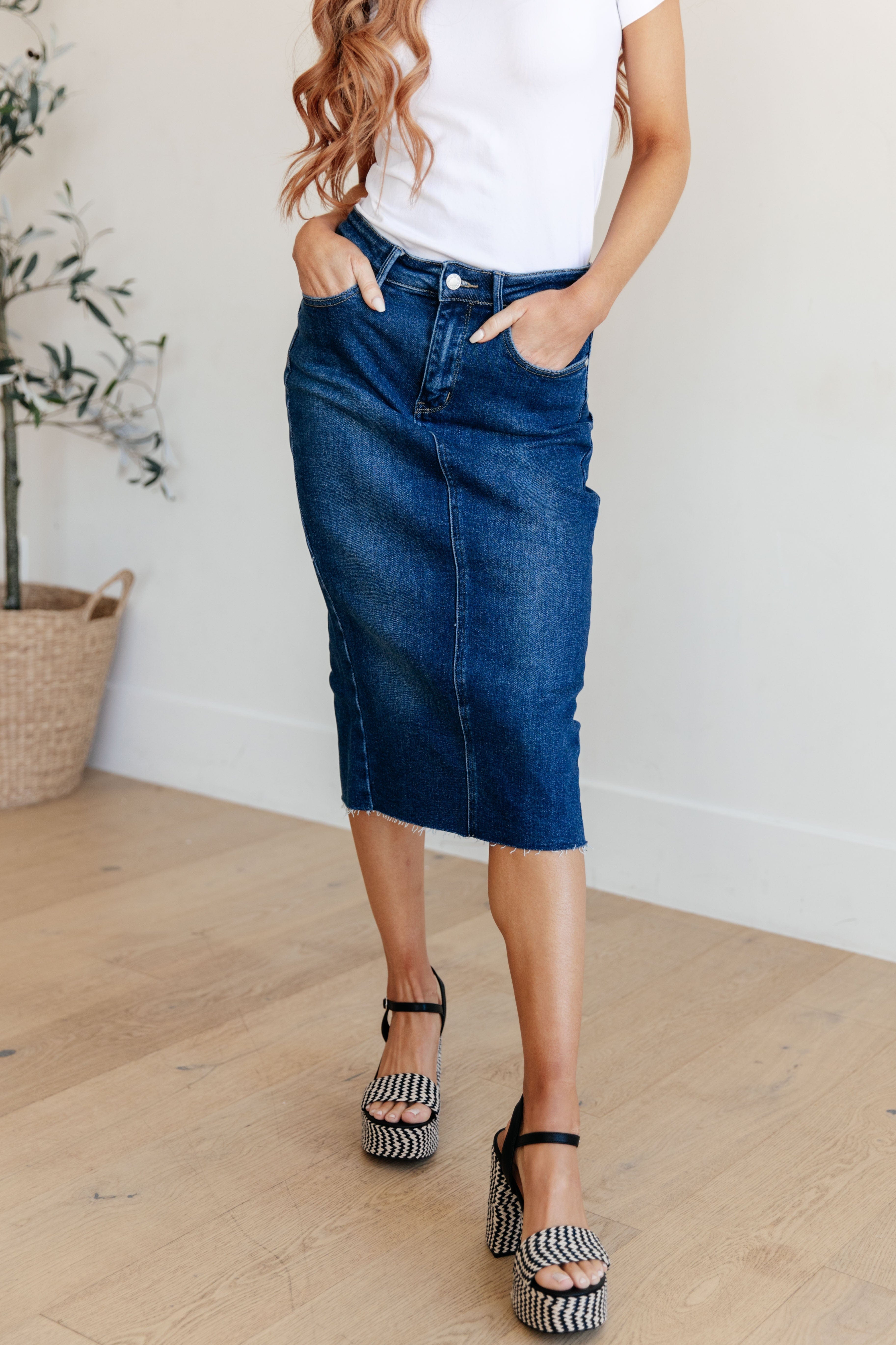 Marcy High Rise Denim Midi Skirt-Womens-Stay Foxy Boutique, Florissant, Missouri