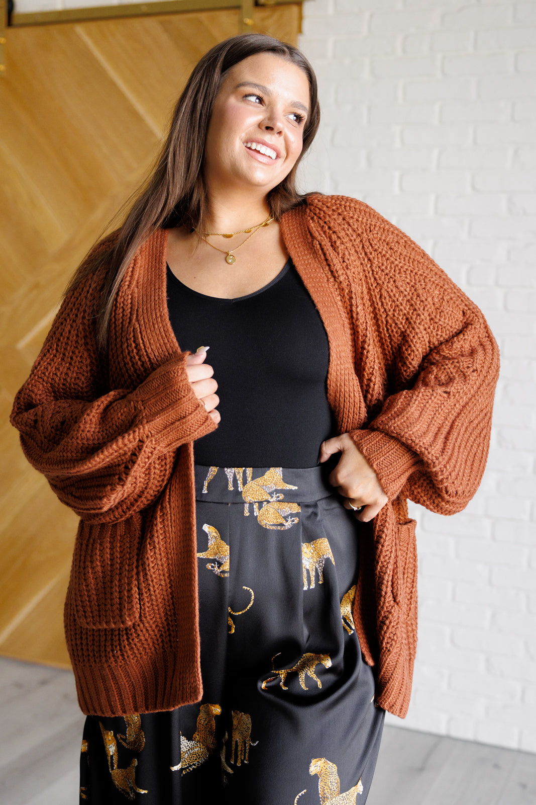 Maybe Monday Cardigan in Chestnut-Layers-Stay Foxy Boutique, Florissant, Missouri