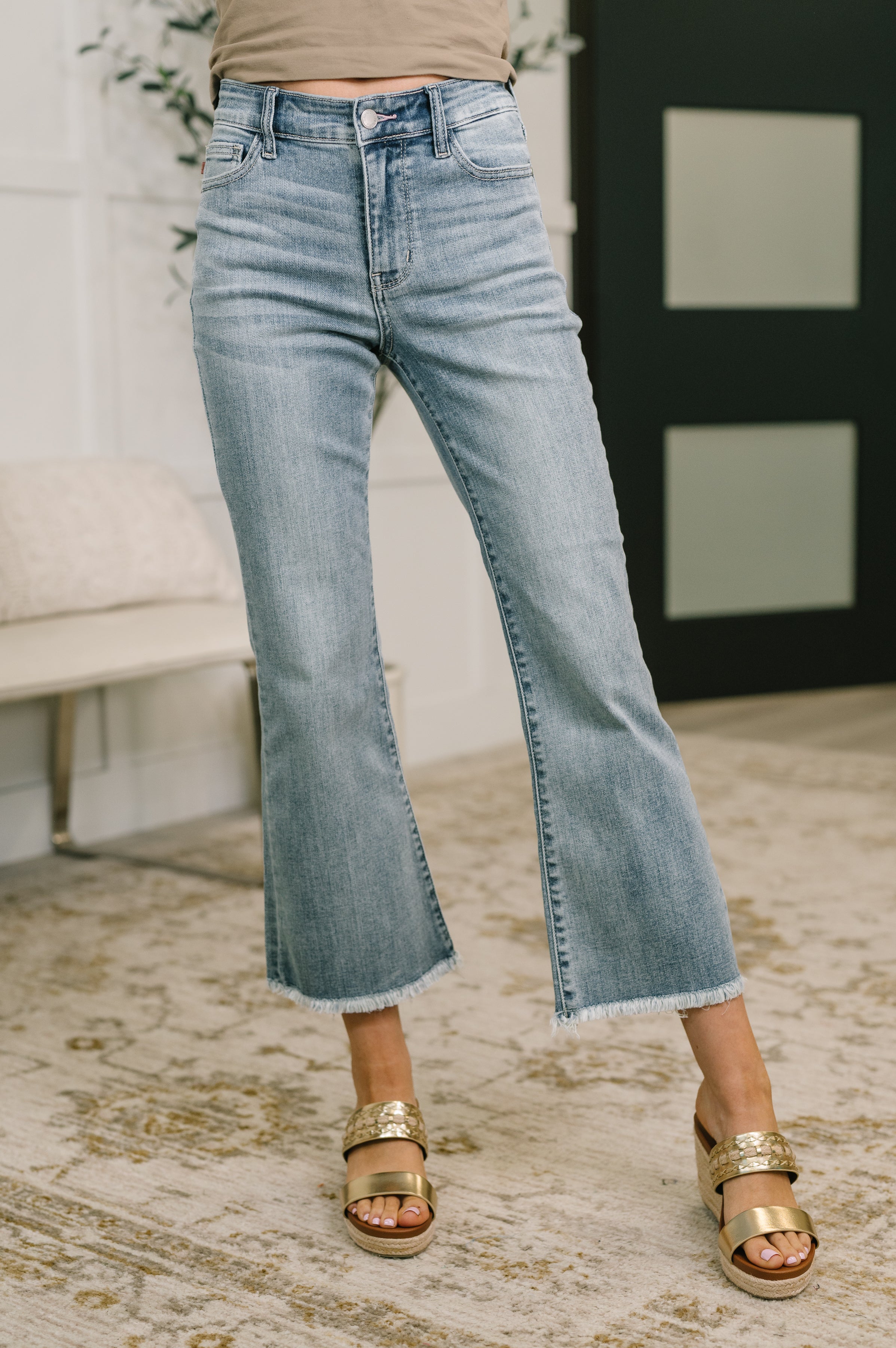 Mckaylee Mid Rise Kick Flare Jeans with Frayed Hem-Womens-Stay Foxy Boutique, Florissant, Missouri