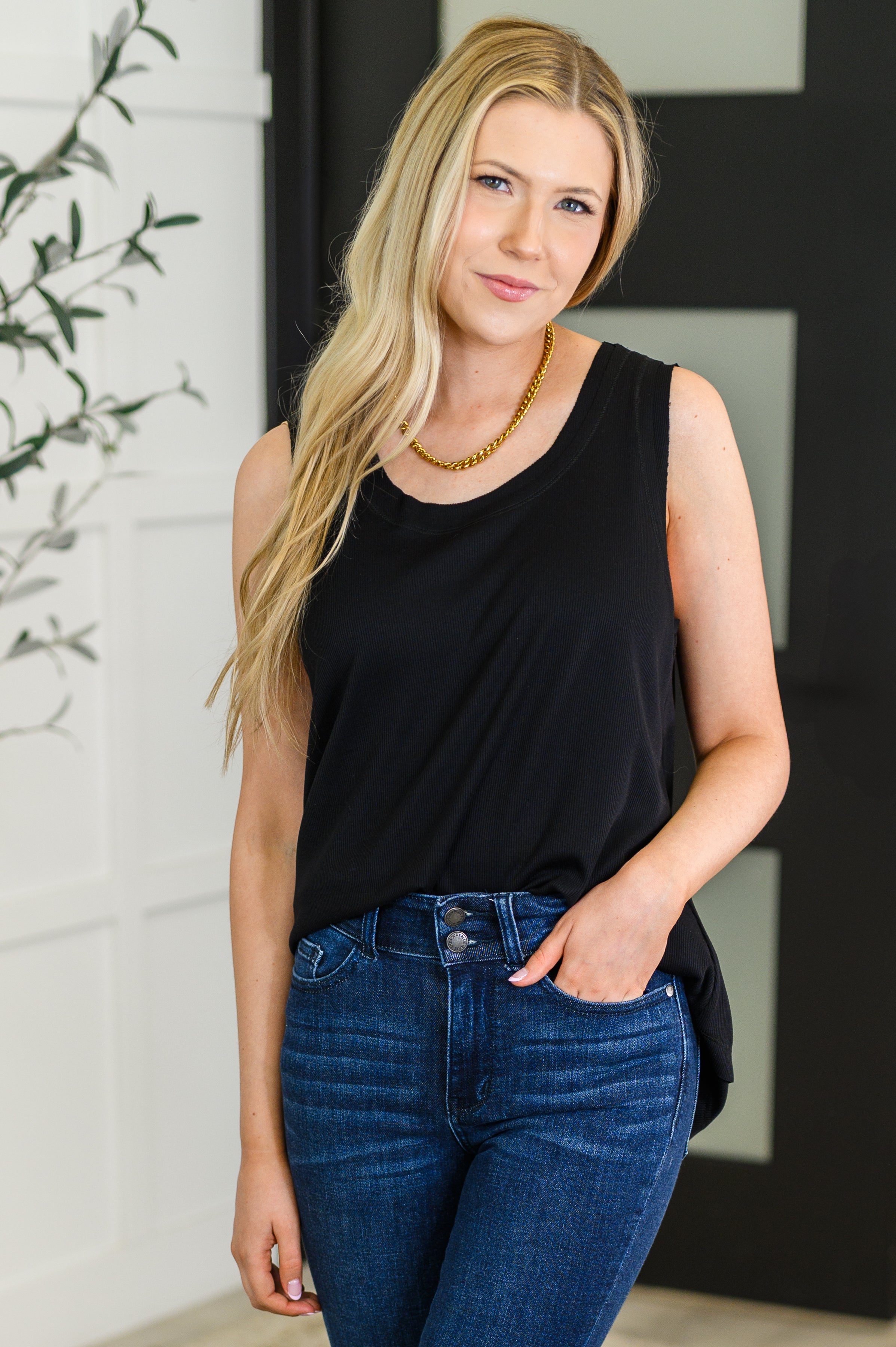 Mellow Muse Relaxed Knit Tank in Black-Womens-Stay Foxy Boutique, Florissant, Missouri