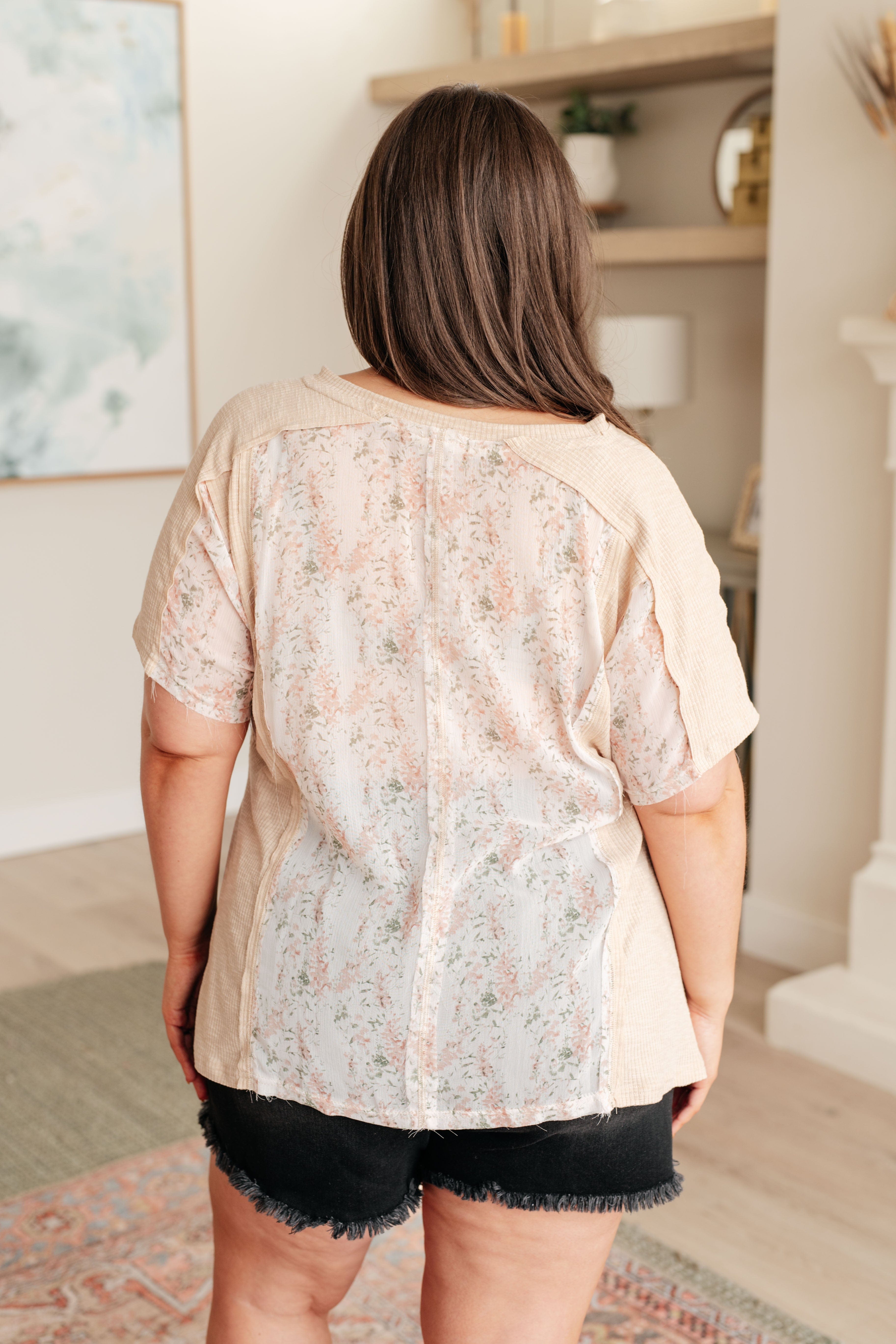 Mention Me Floral Accent Top in Toasted Almond-Tops-Stay Foxy Boutique, Florissant, Missouri