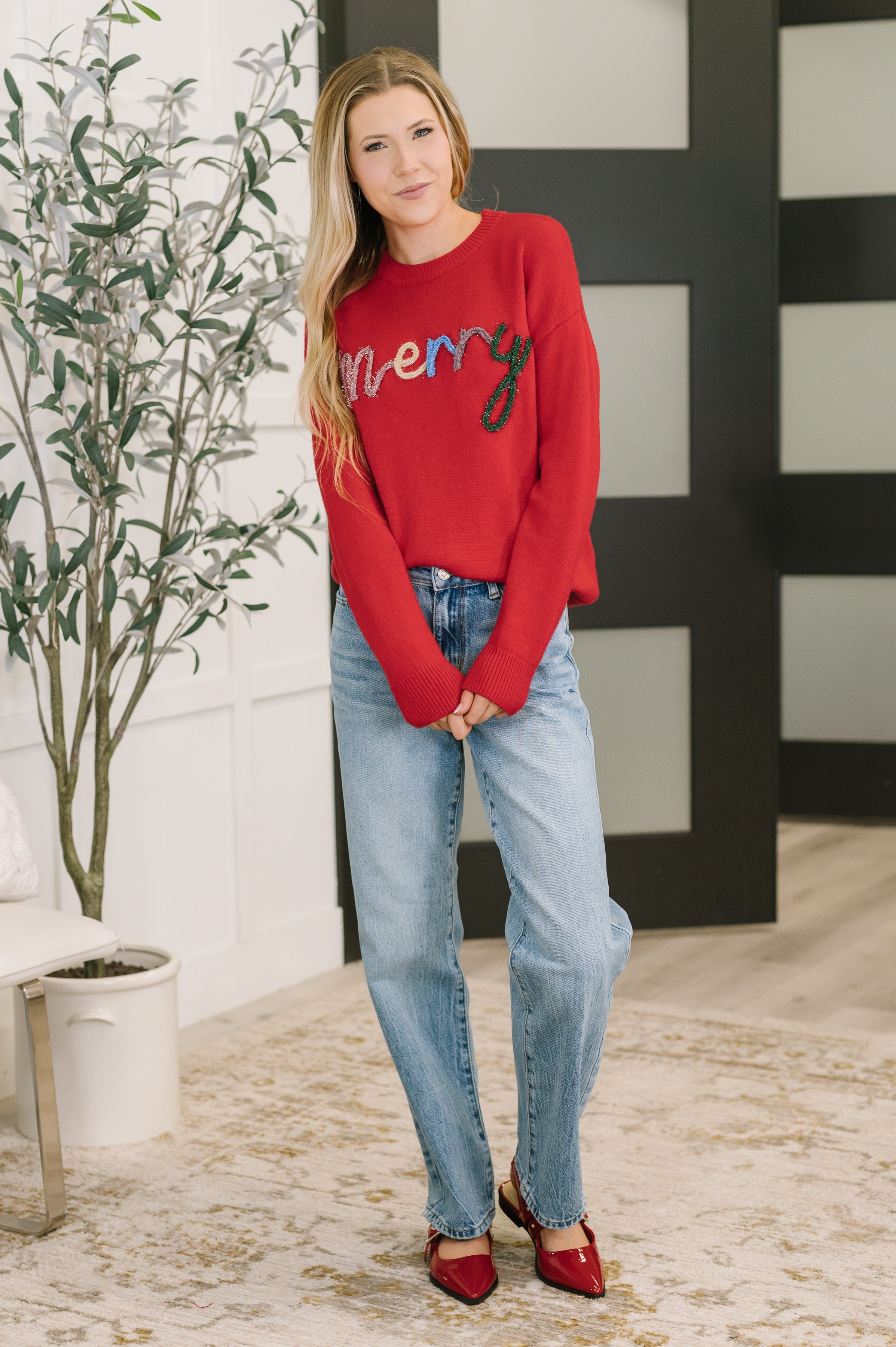 Merry Applique Drop Shoulder Pullover-Womens-Stay Foxy Boutique, Florissant, Missouri
