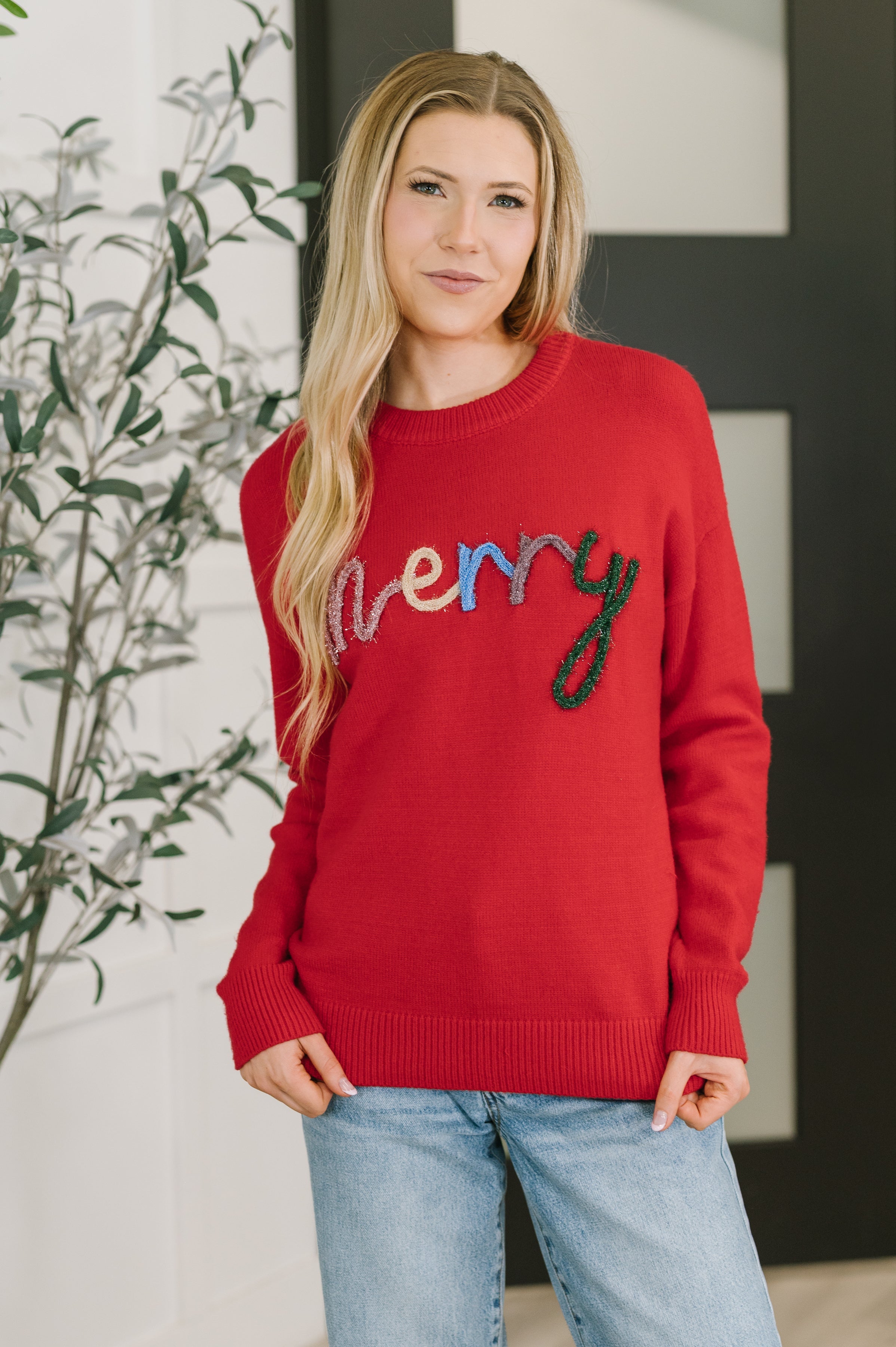 Merry Applique Drop Shoulder Pullover-Womens-Stay Foxy Boutique, Florissant, Missouri