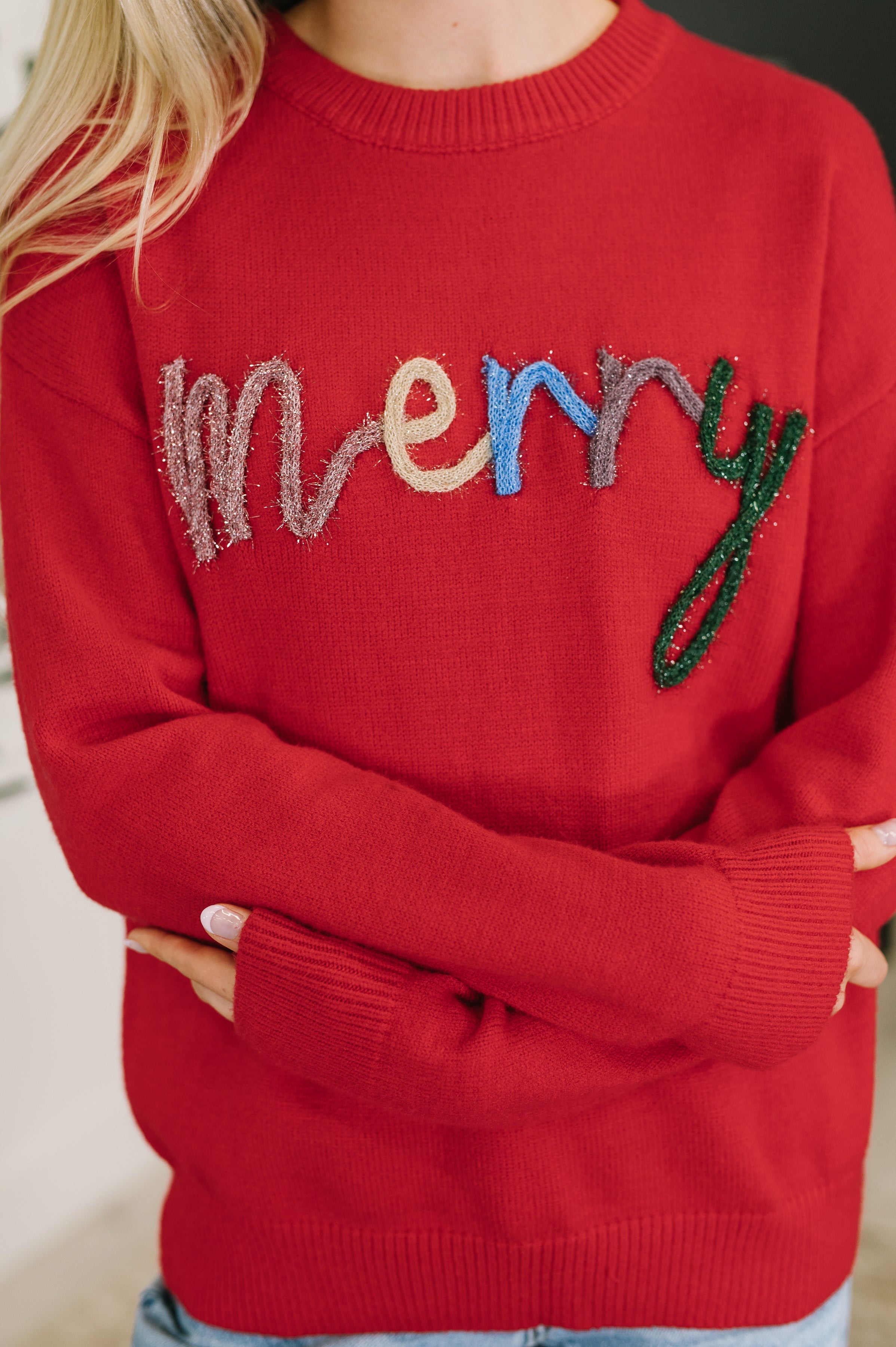 Merry Applique Drop Shoulder Pullover-Womens-Stay Foxy Boutique, Florissant, Missouri