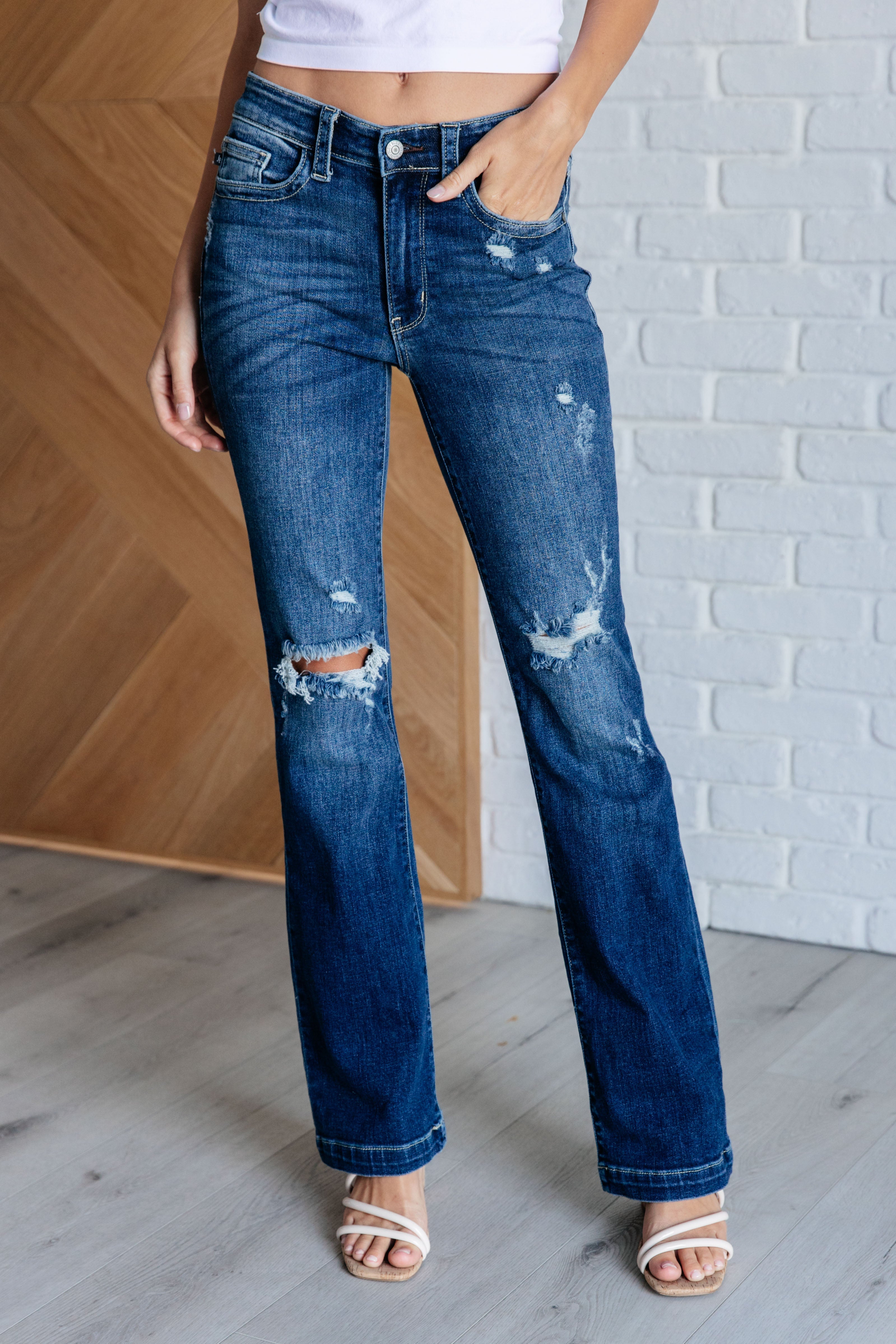 Mila Mid Rise Distressed Bootcut Jeans-Womens-Stay Foxy Boutique, Florissant, Missouri