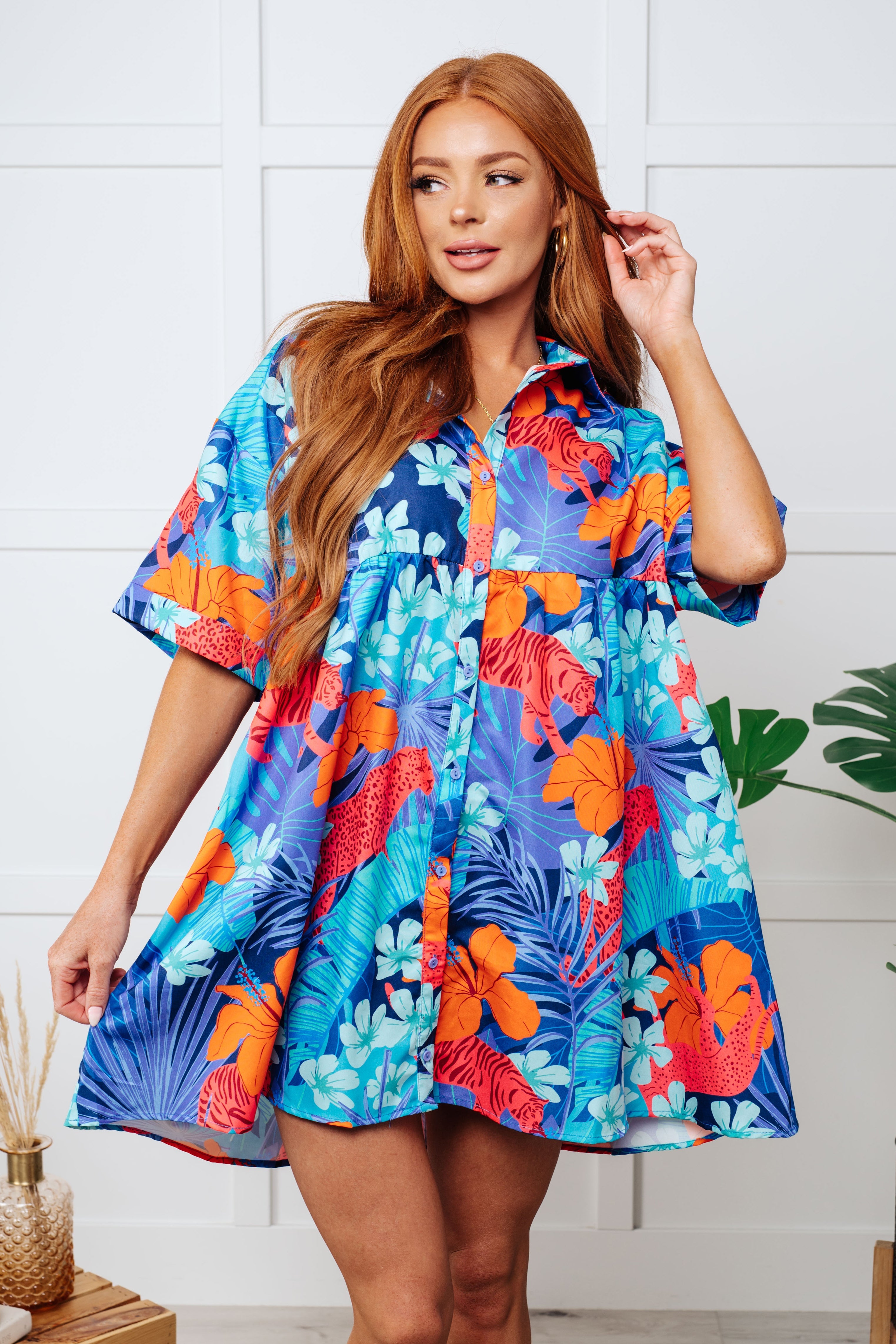 Mother Nature's Recipes Collared Dress in Blue-Dresses-Stay Foxy Boutique, Florissant, Missouri