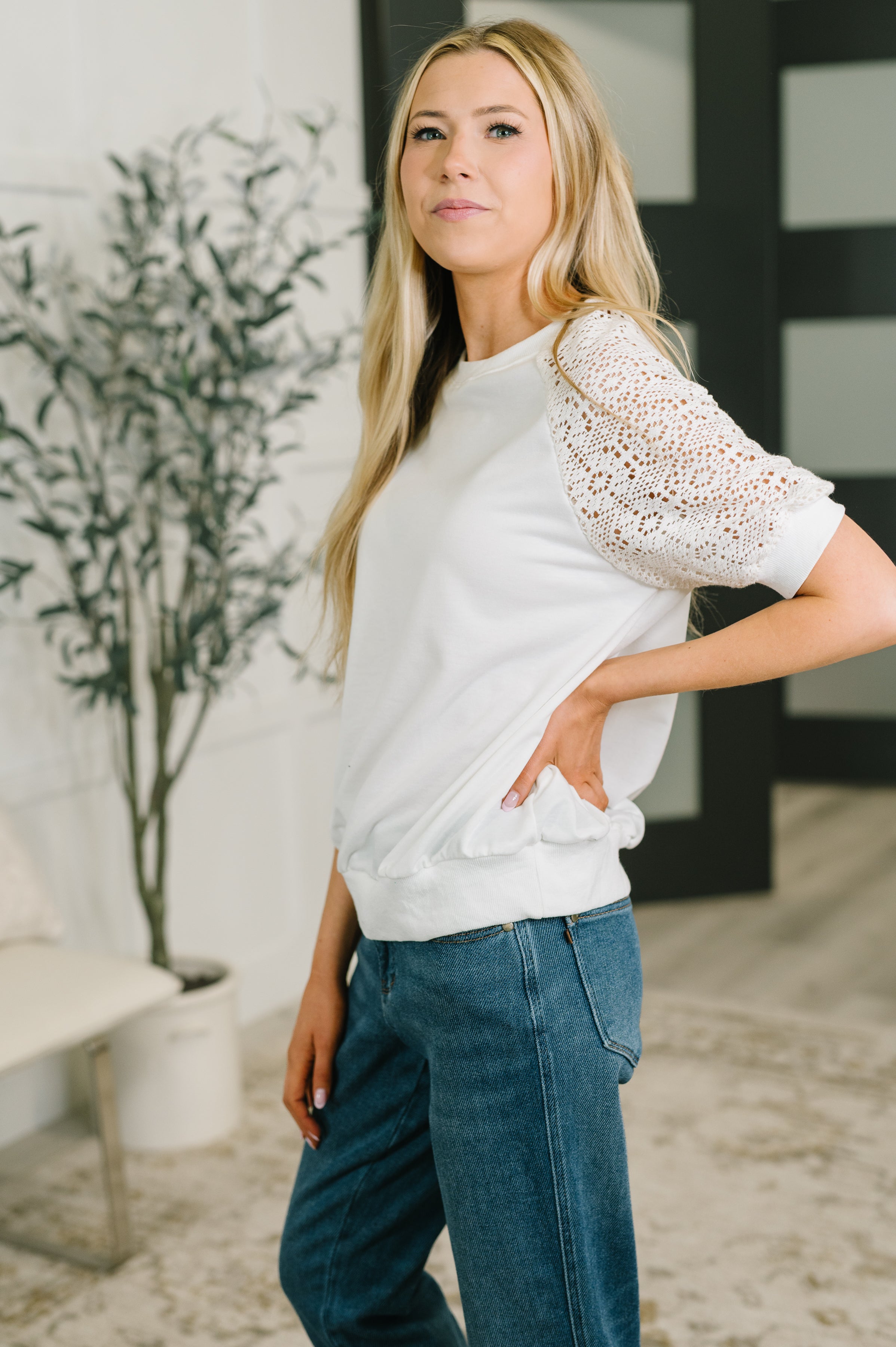 Never Too Lace Raglan Crochet Sleeve Top-Womens-Stay Foxy Boutique, Florissant, Missouri