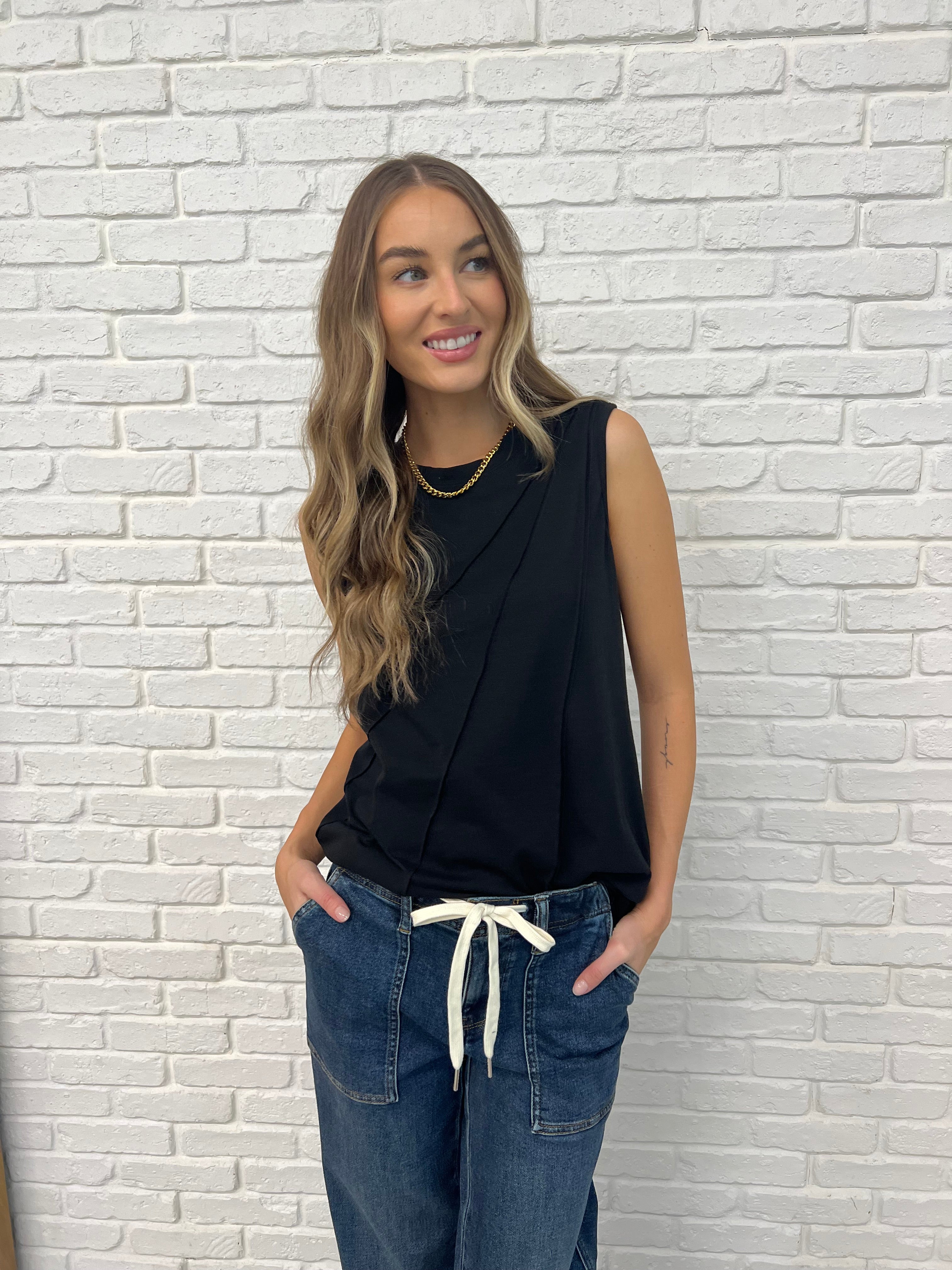New Normal Pleat Detail Sleeveless Top in Black-Womens-Stay Foxy Boutique, Florissant, Missouri