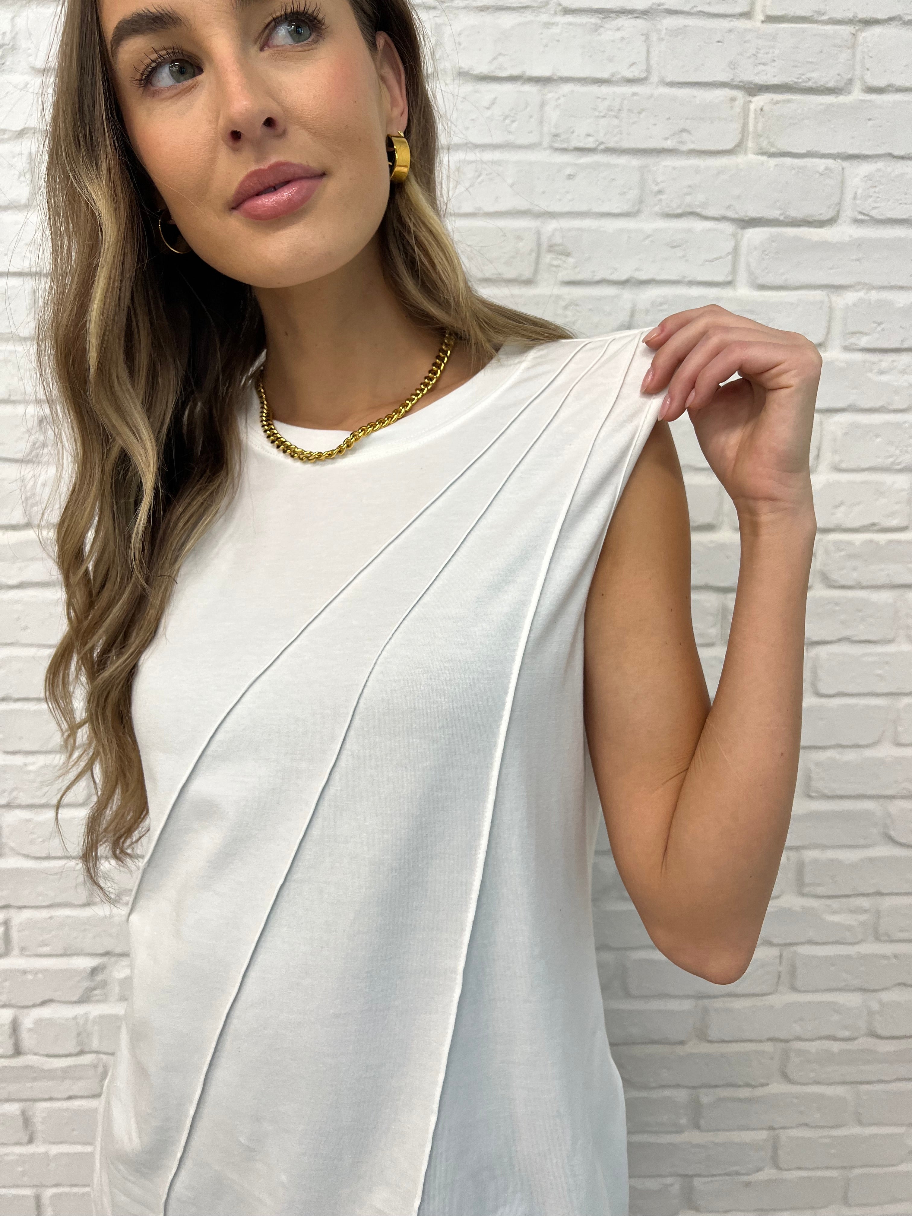 New Normal Pleat Detail Sleeveless Top in White-Womens-Stay Foxy Boutique, Florissant, Missouri