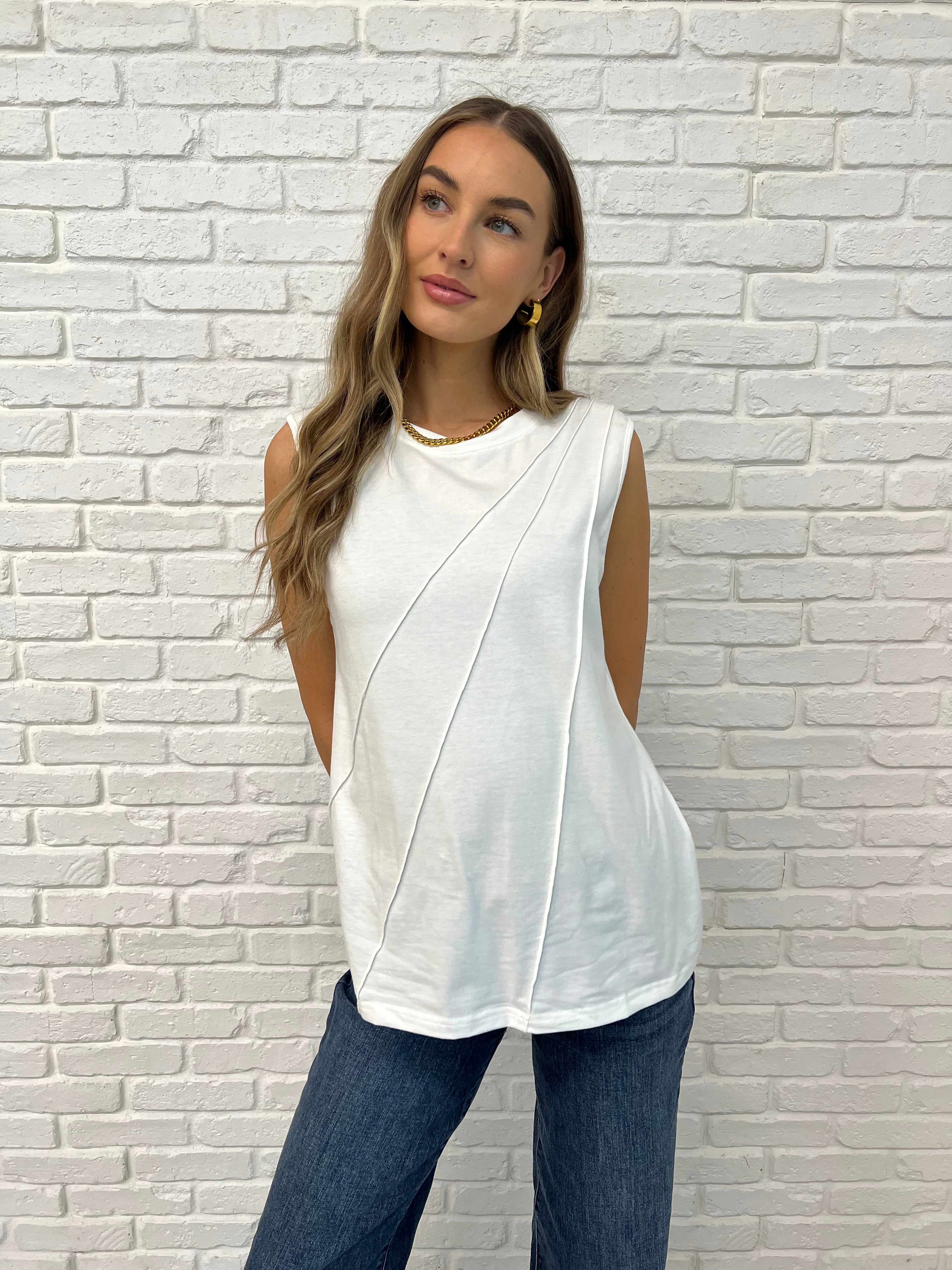 New Normal Pleat Detail Sleeveless Top in White-Womens-Stay Foxy Boutique, Florissant, Missouri