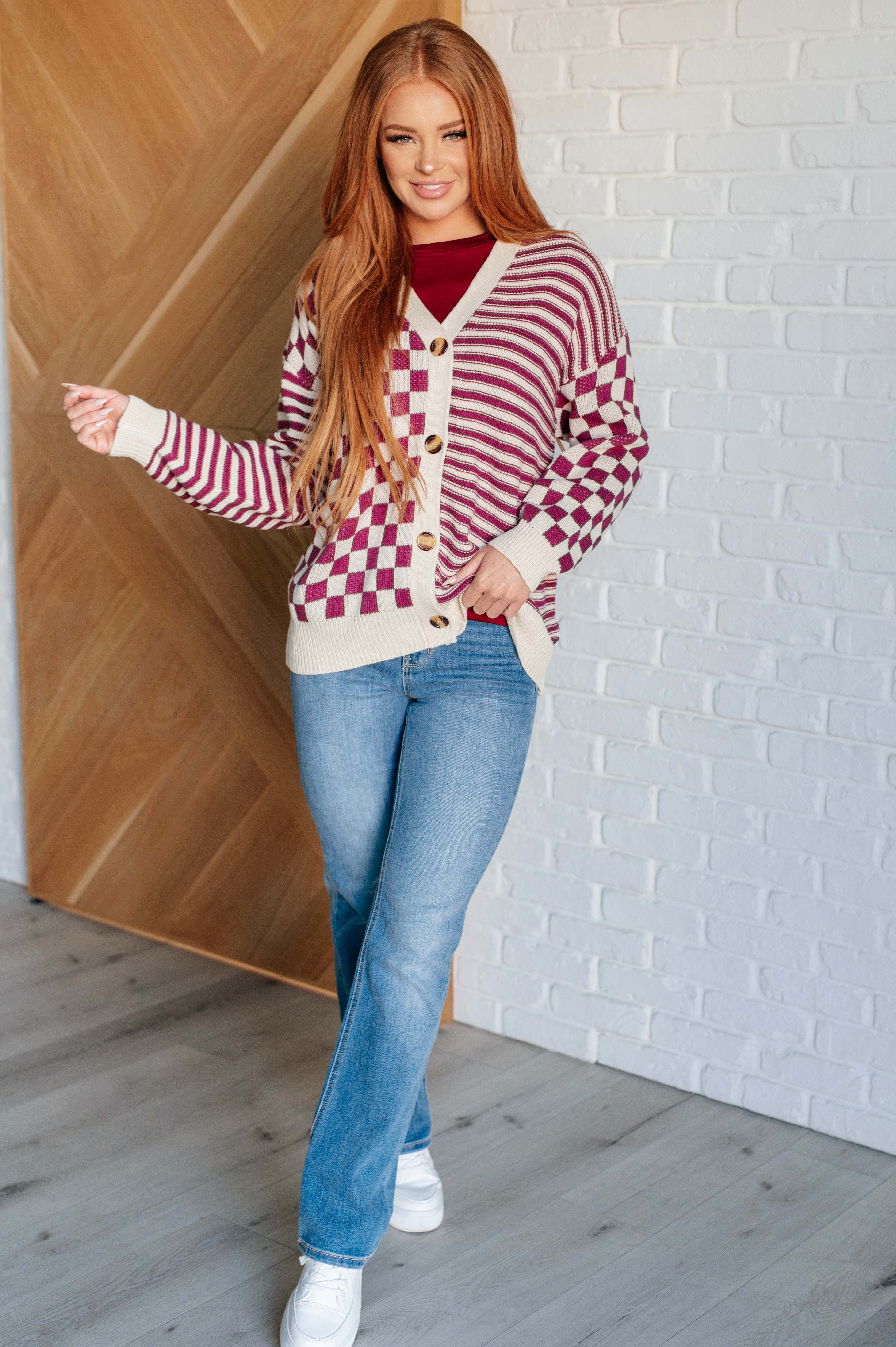 No Brainer Button Down Sweater Knit Cardigan in Magenta/Oatmeal-Layers-Stay Foxy Boutique, Florissant, Missouri