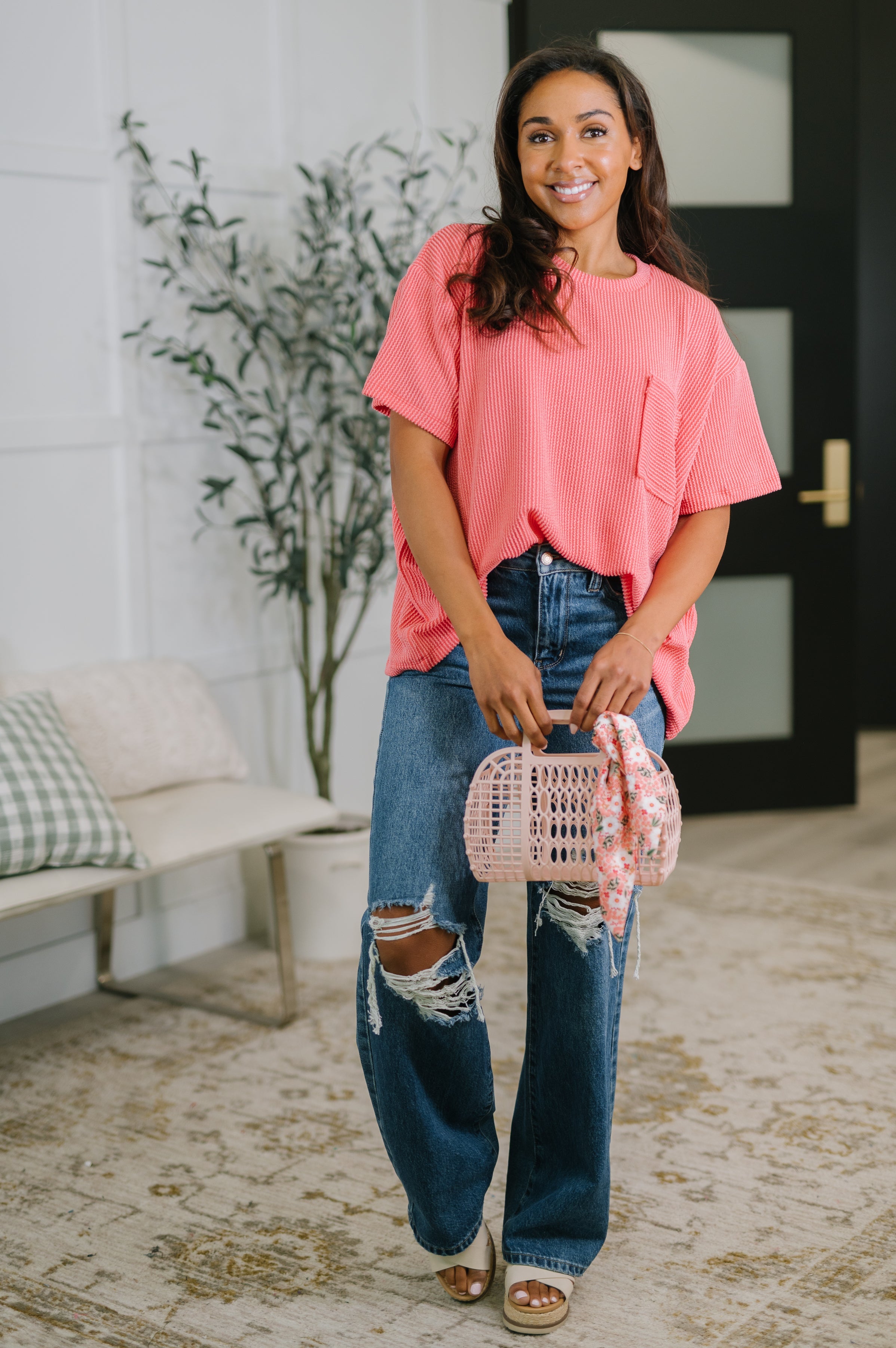 Not That complicated Textured Boxy Tee in Salmon-Womens-Stay Foxy Boutique, Florissant, Missouri