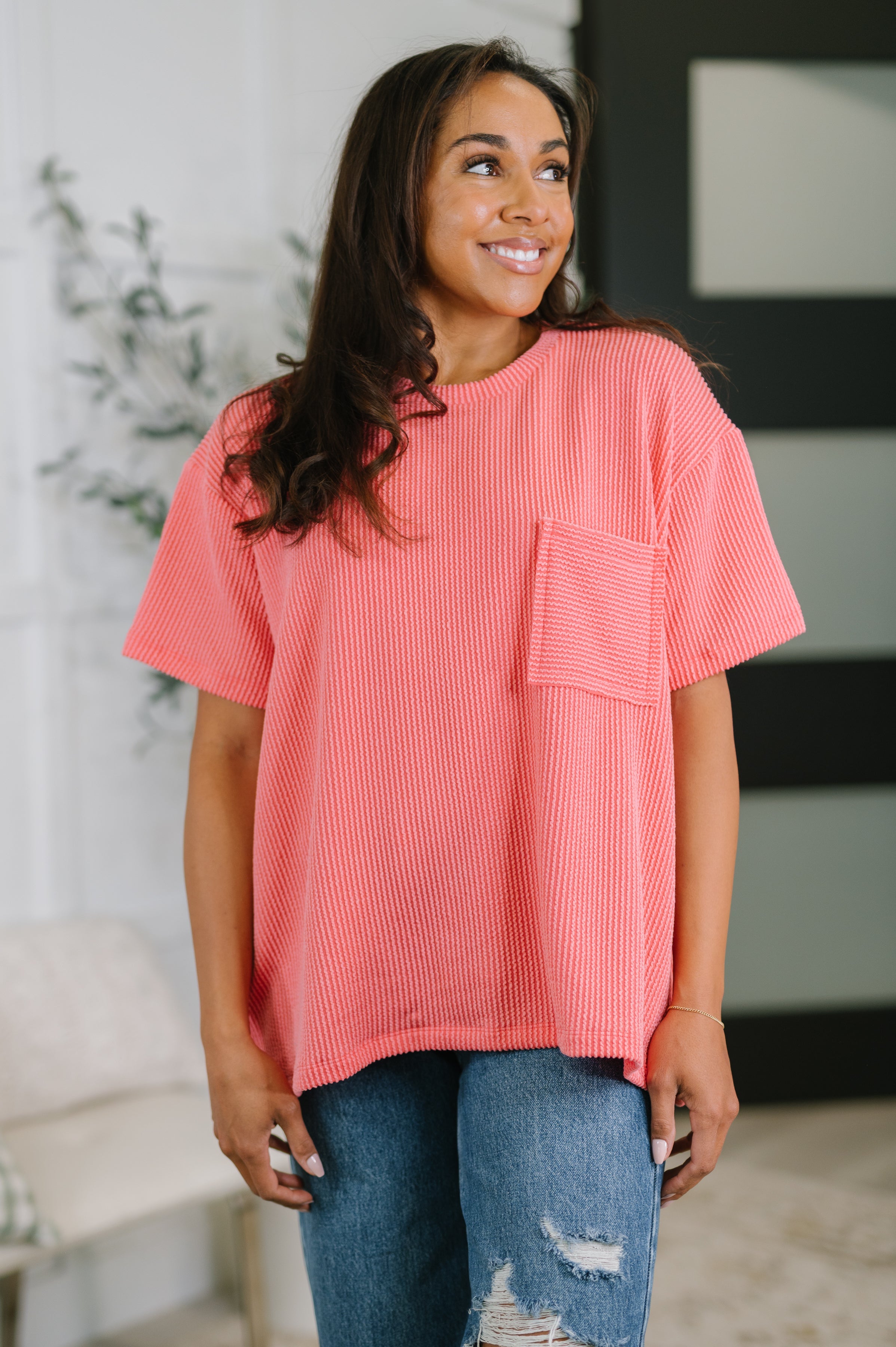 Not That complicated Textured Boxy Tee in Salmon-Womens-Stay Foxy Boutique, Florissant, Missouri