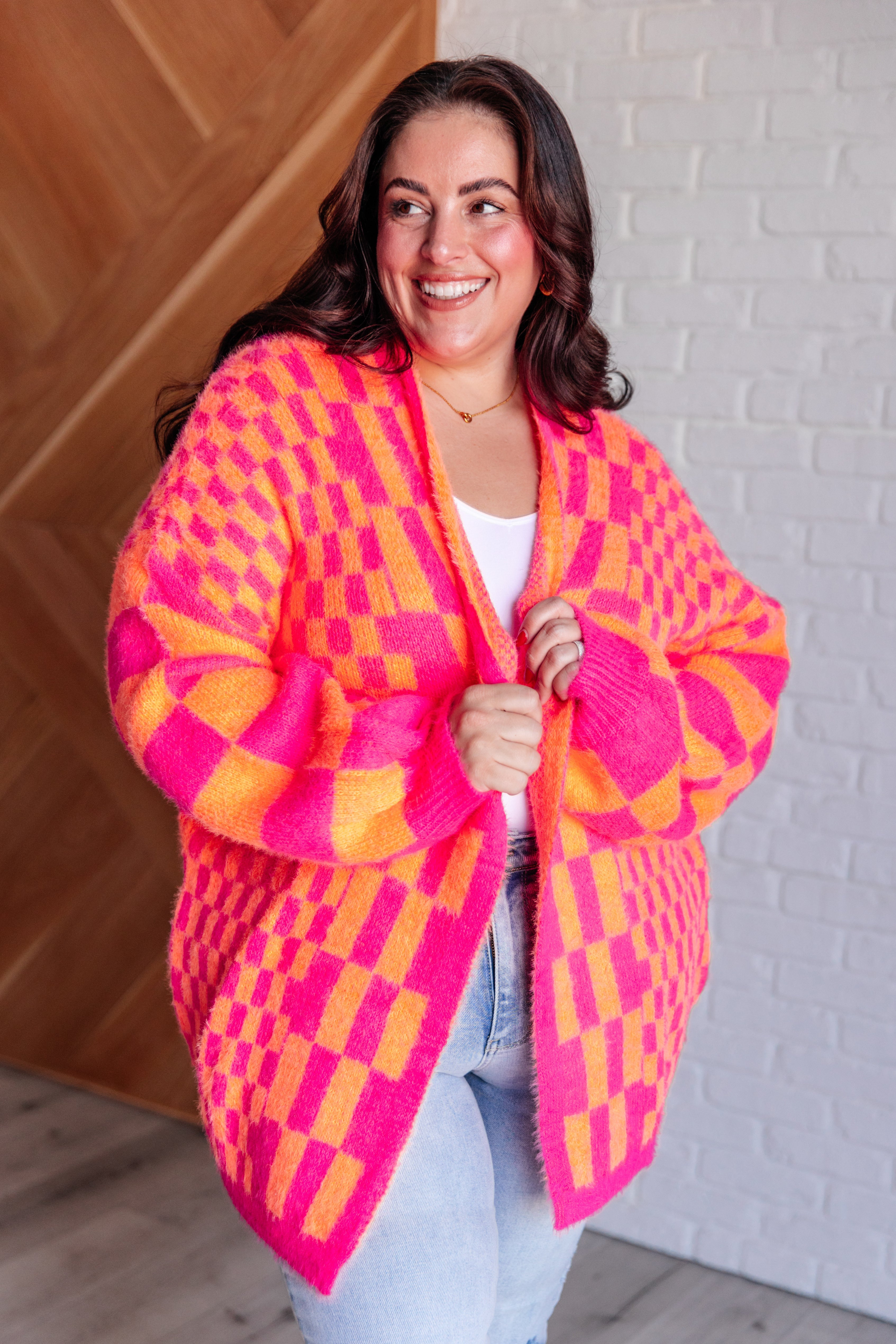 Noticed in Neon Checkered Cardigan in Pink and Orange-Womens-Stay Foxy Boutique, Florissant, Missouri