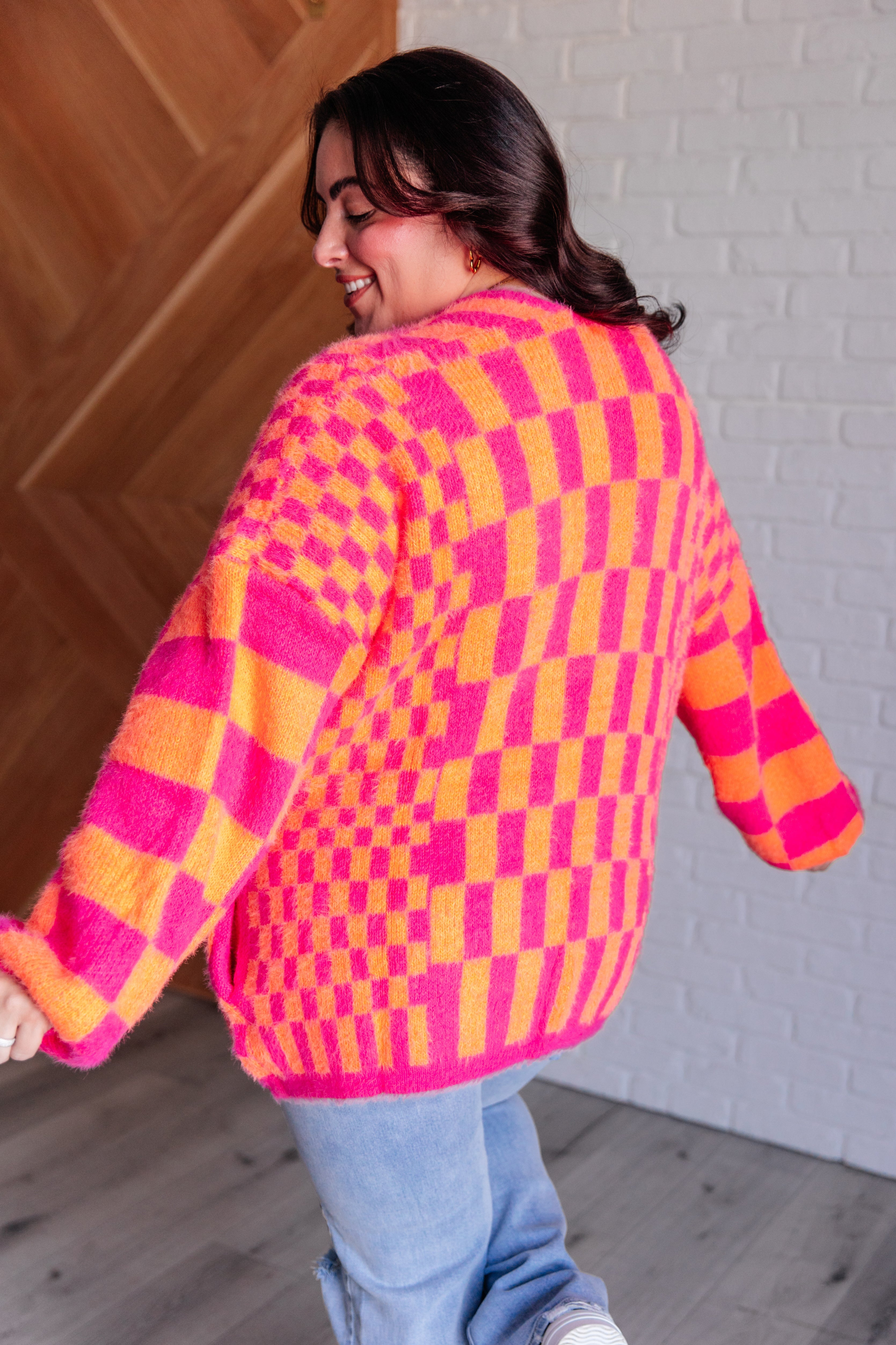 Noticed in Neon Checkered Cardigan in Pink and Orange-Womens-Stay Foxy Boutique, Florissant, Missouri