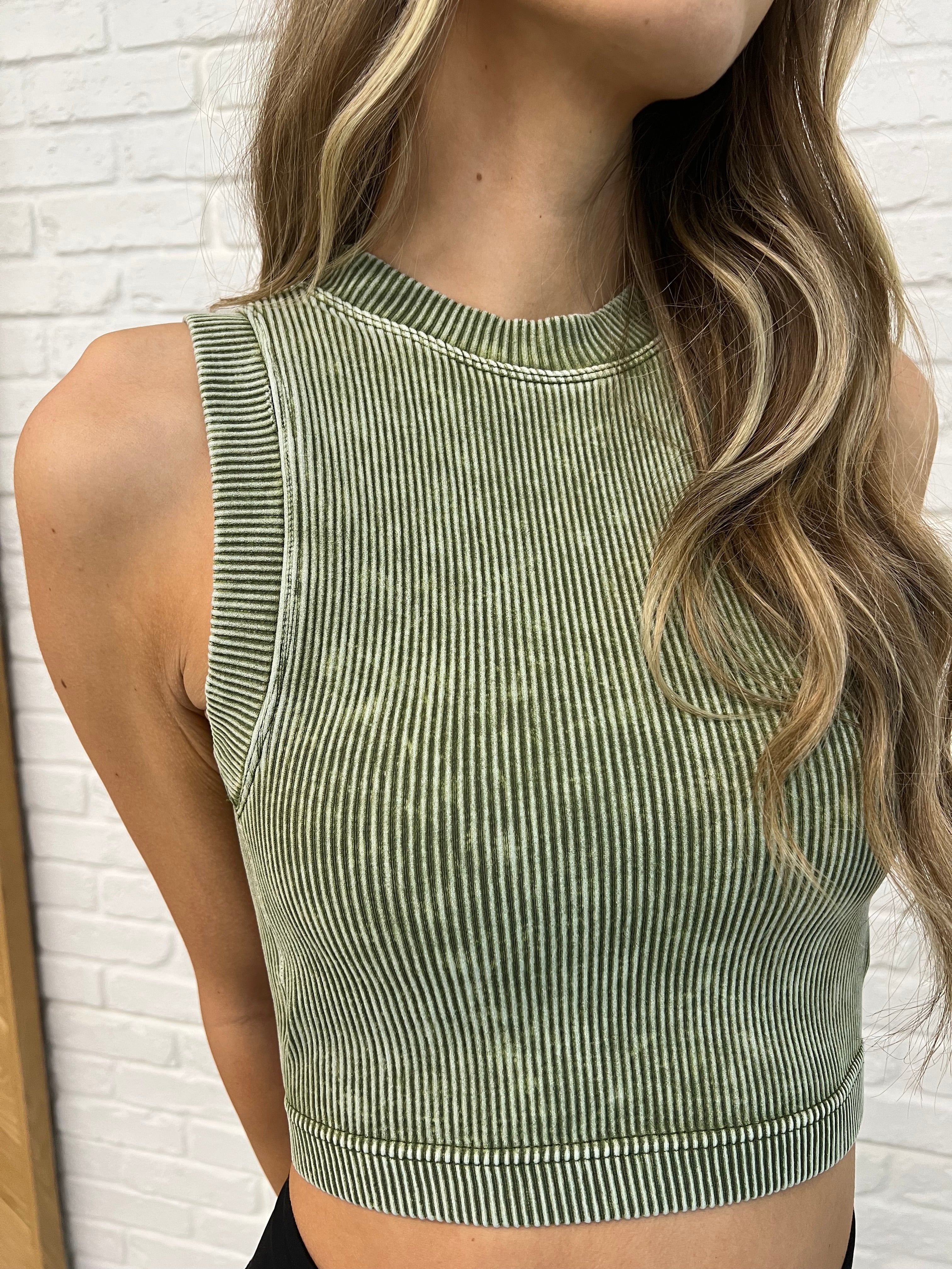 Over and Out Cropped Ribbed Tank in Ash Olive-Womens-Stay Foxy Boutique, Florissant, Missouri