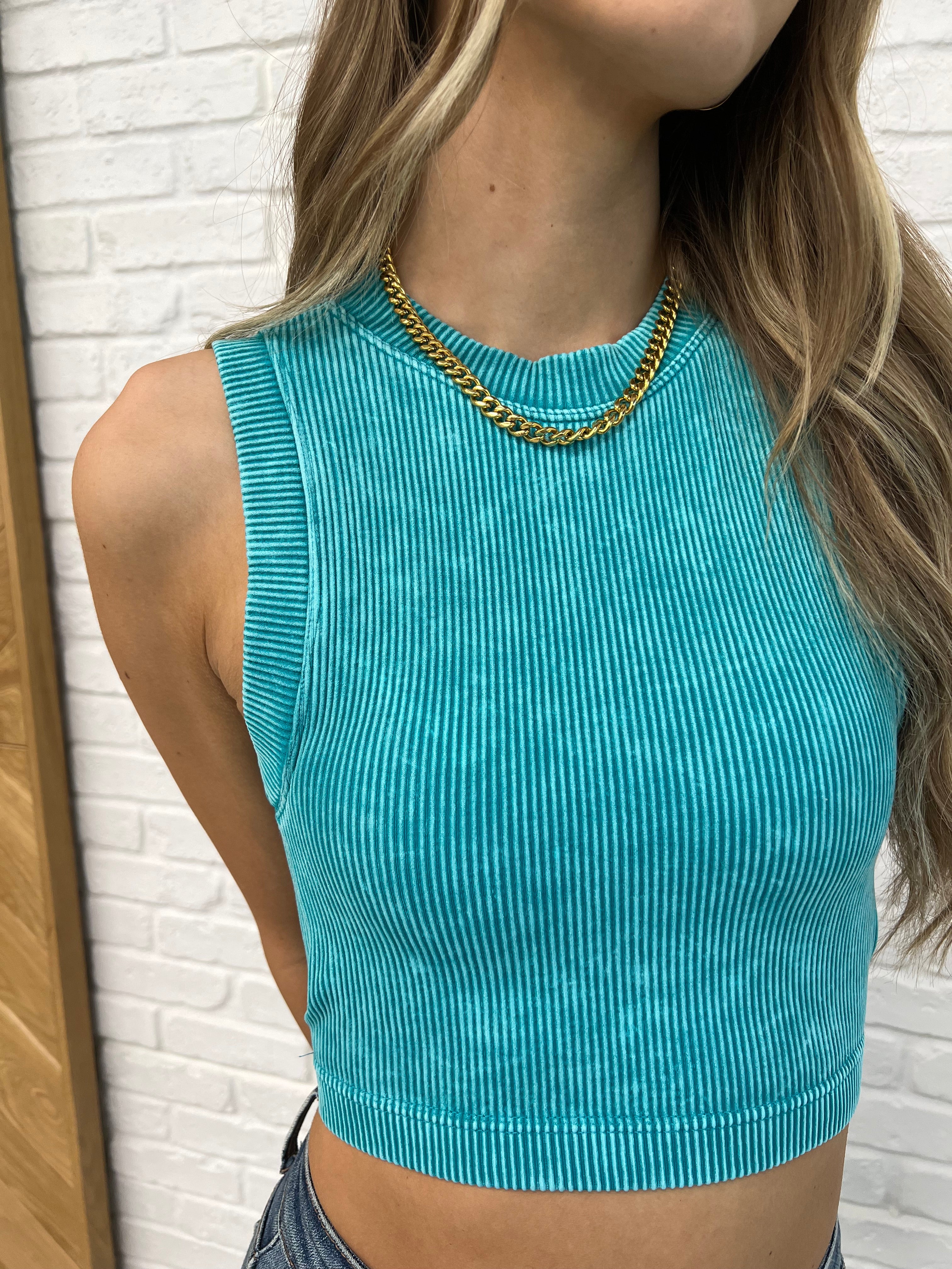 Over and Out Cropped Ribbed Tank in Lt Teal-Womens-Stay Foxy Boutique, Florissant, Missouri