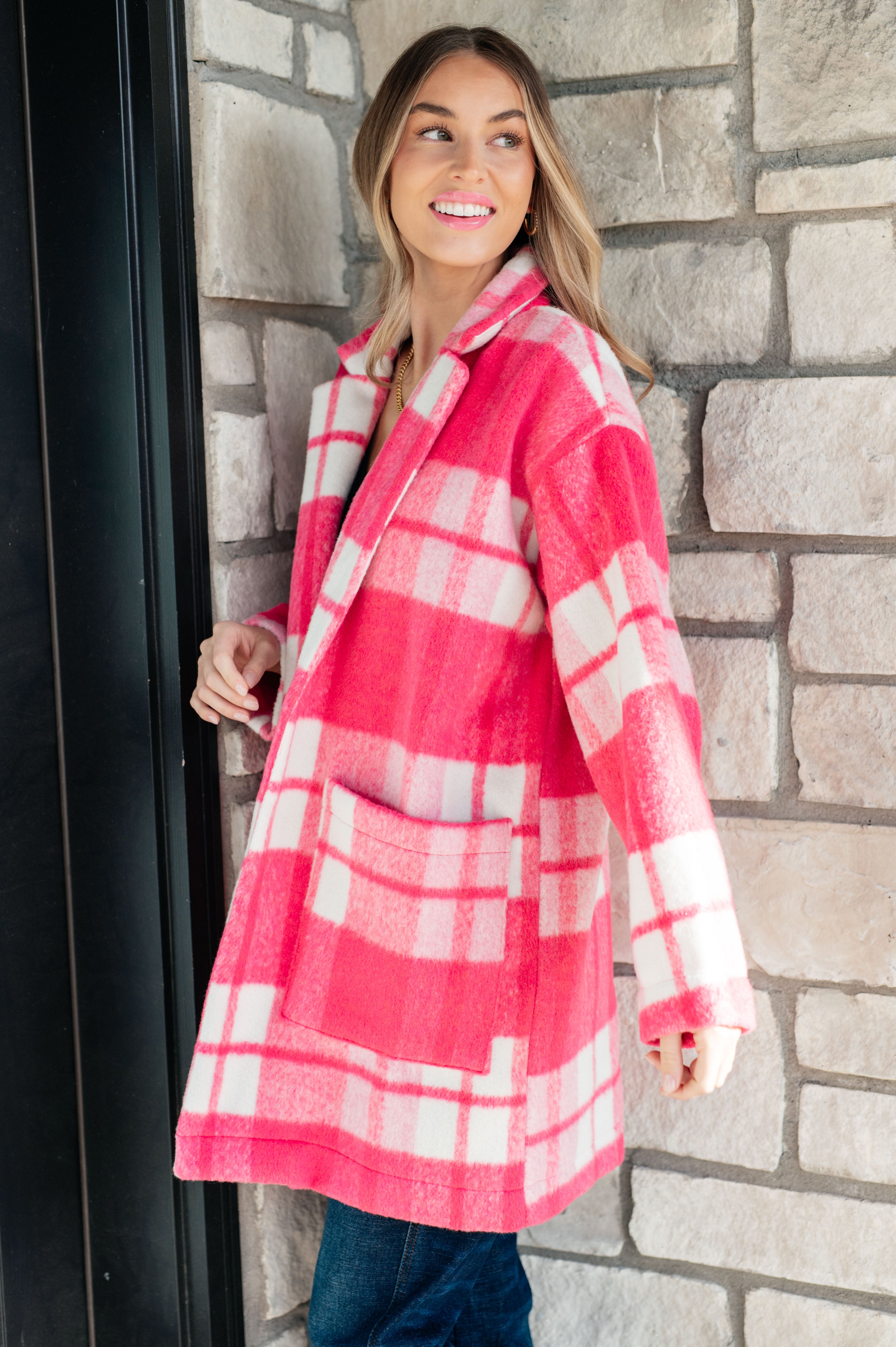 Passion in Plaid Coat in Pink-Layers-Stay Foxy Boutique, Florissant, Missouri