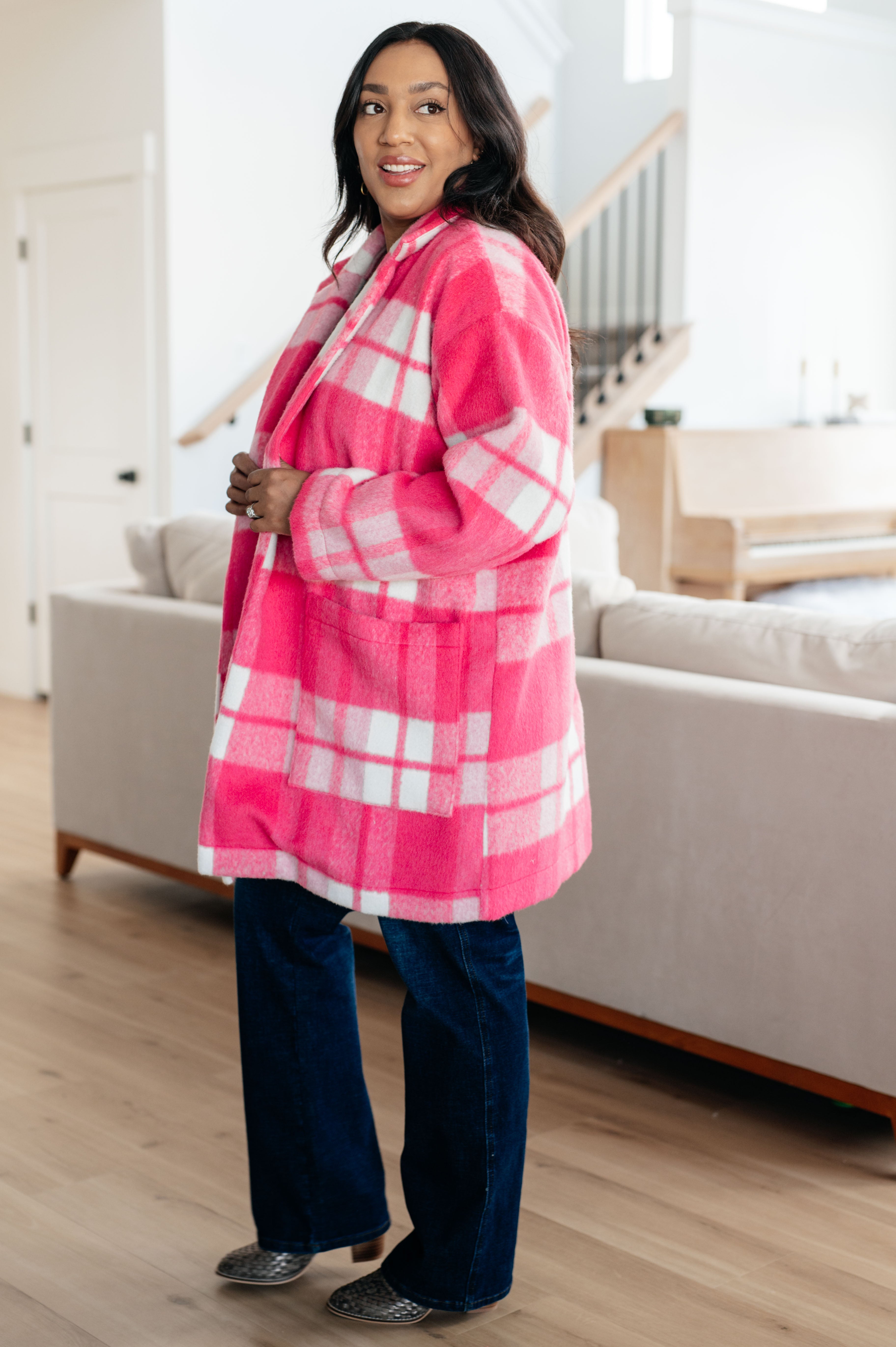 Passion in Plaid Coat in Pink-Layers-Stay Foxy Boutique, Florissant, Missouri