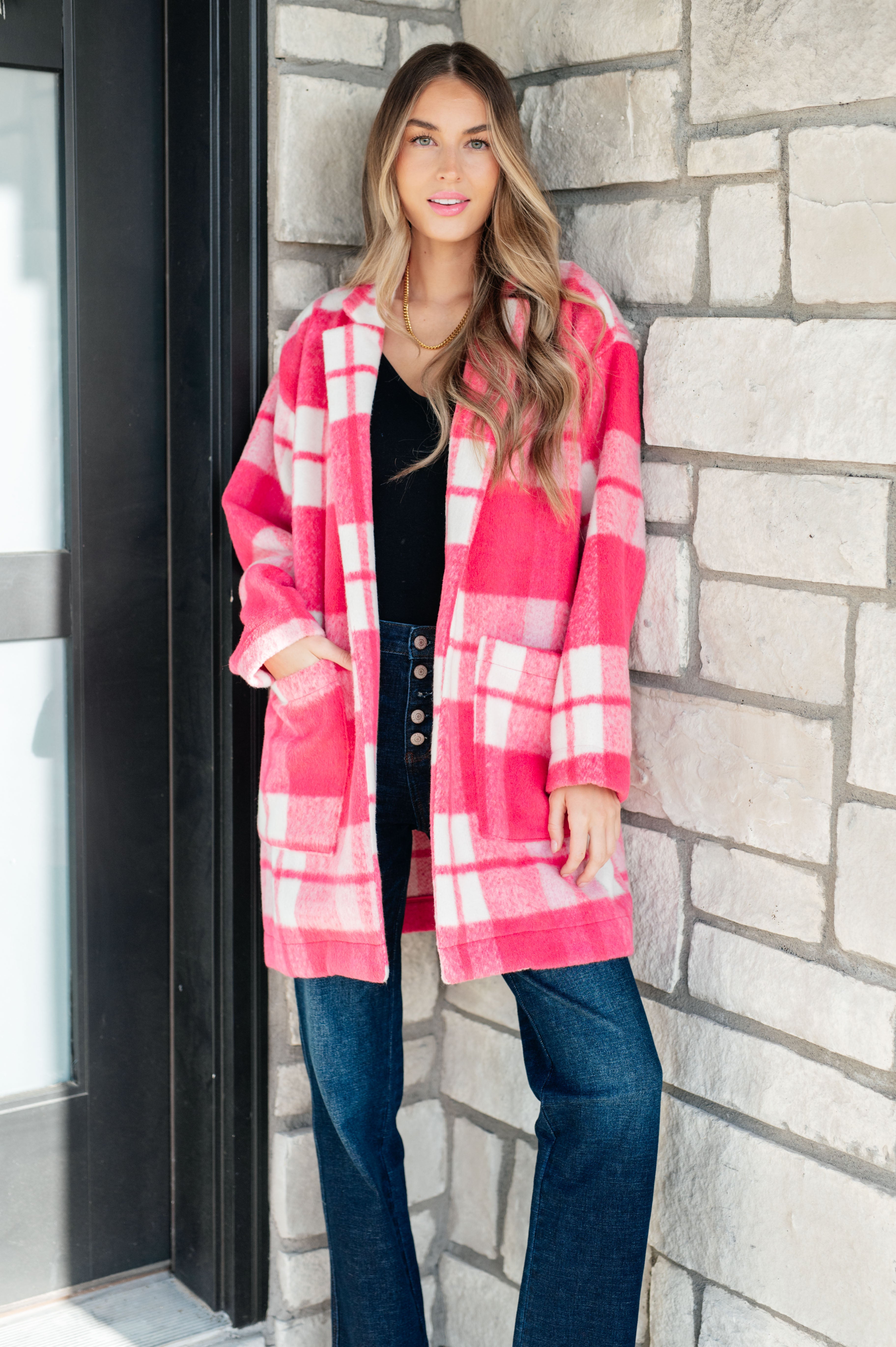 Passion in Plaid Coat in Pink-Layers-Stay Foxy Boutique, Florissant, Missouri