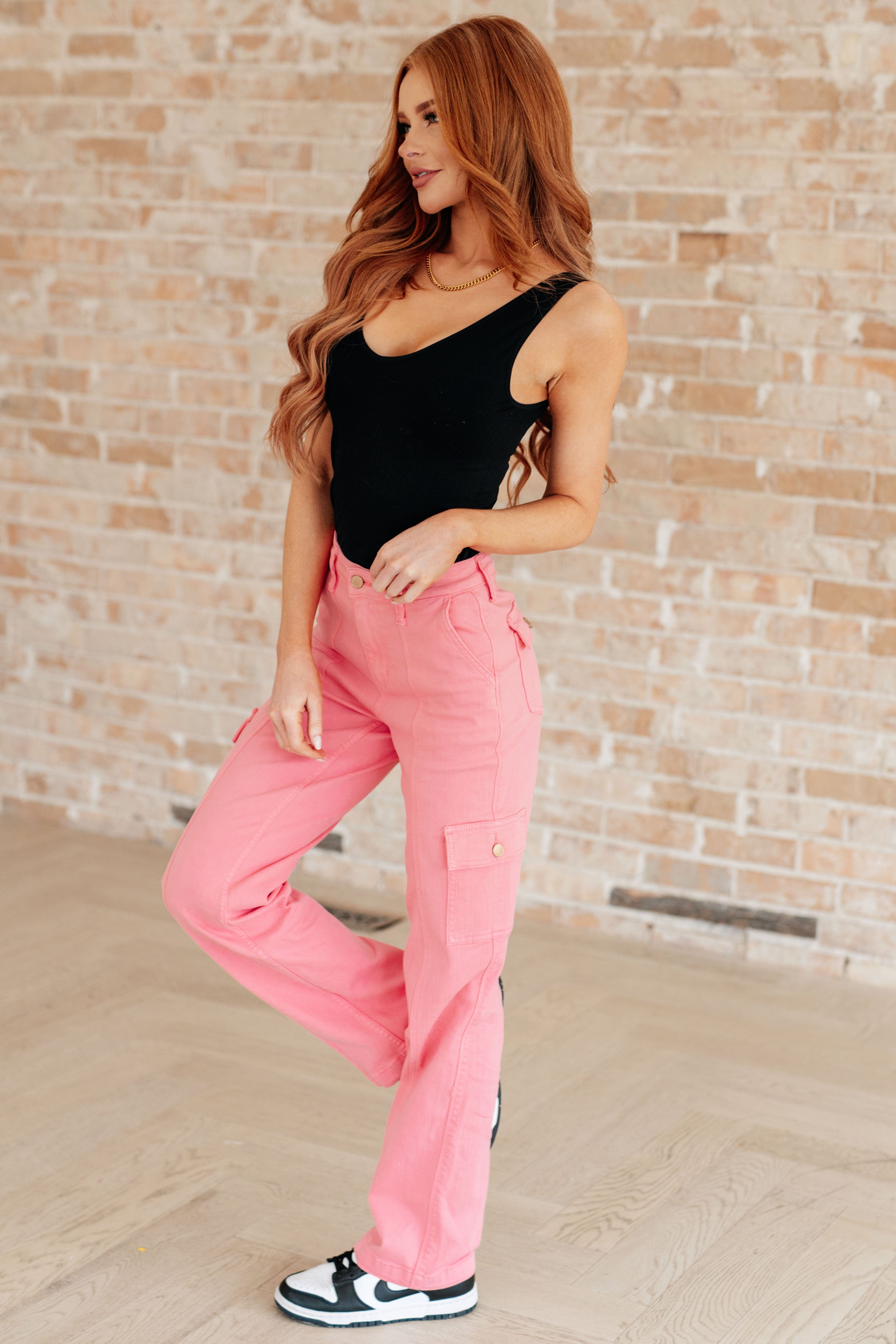 Peggy High Rise Cargo Straight Jeans in Pink-Womens-Stay Foxy Boutique, Florissant, Missouri