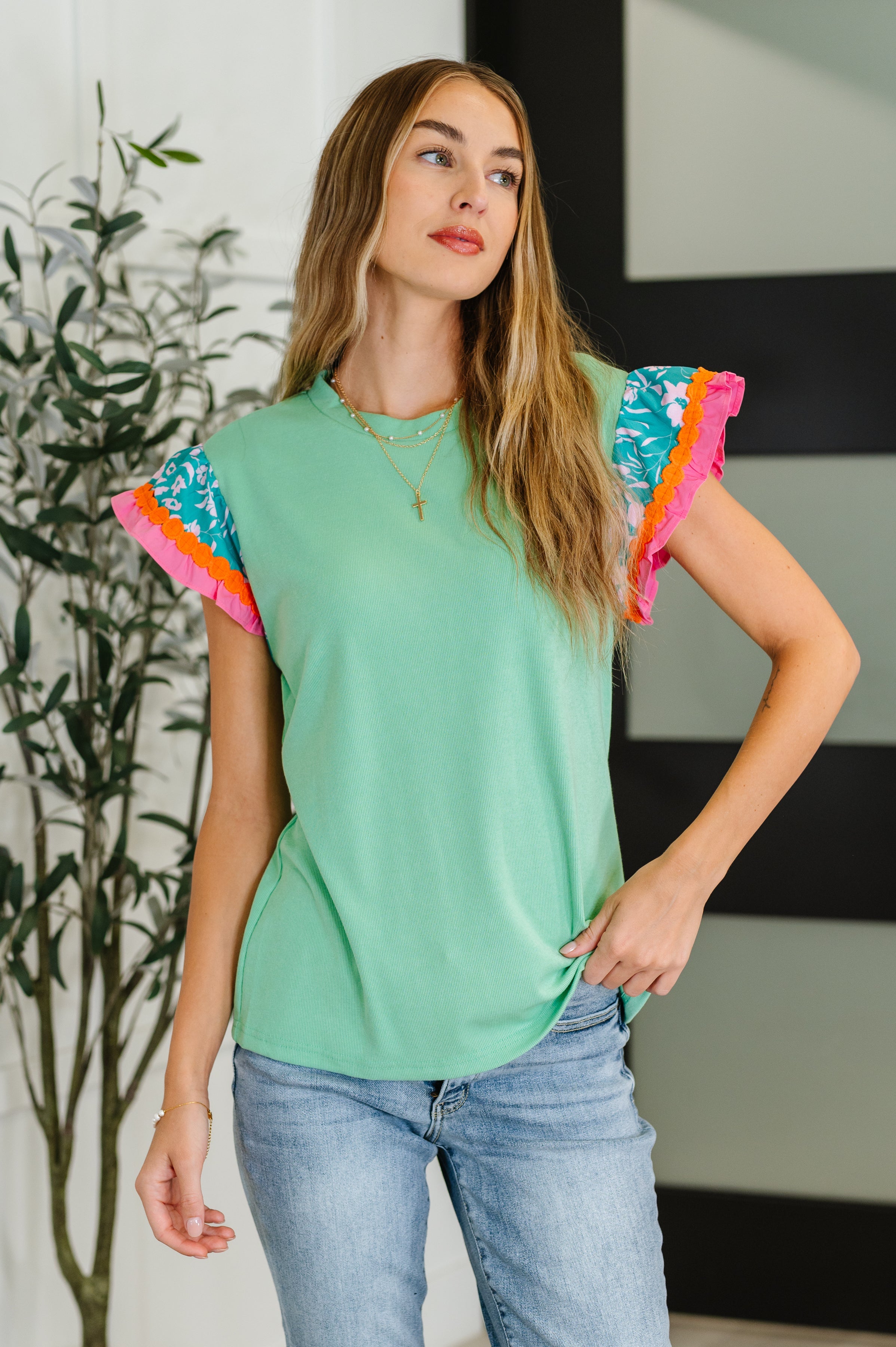Petals & Poise Floral Flutter Sleeve Top in Green-Womens-Stay Foxy Boutique, Florissant, Missouri