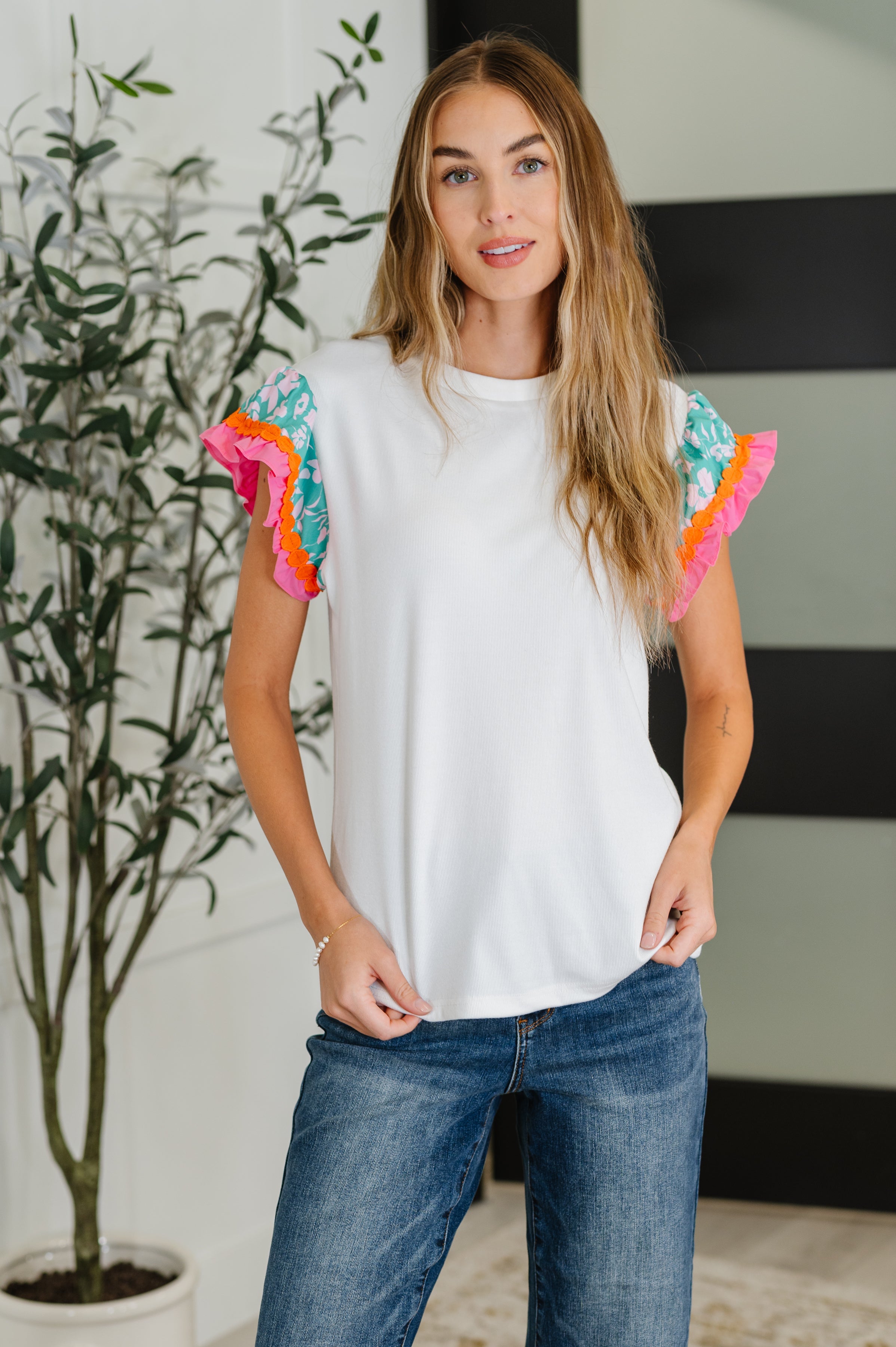 Petals & Poise Floral Flutter Sleeve Top in White-Womens-Stay Foxy Boutique, Florissant, Missouri